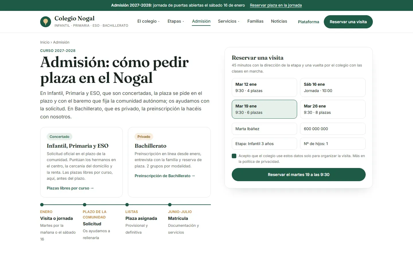 Página de admisión con el camino de las etapas concertadas y el del Bachillerato privado, los cuatro pasos del calendario y la reserva de una visita con día y hora