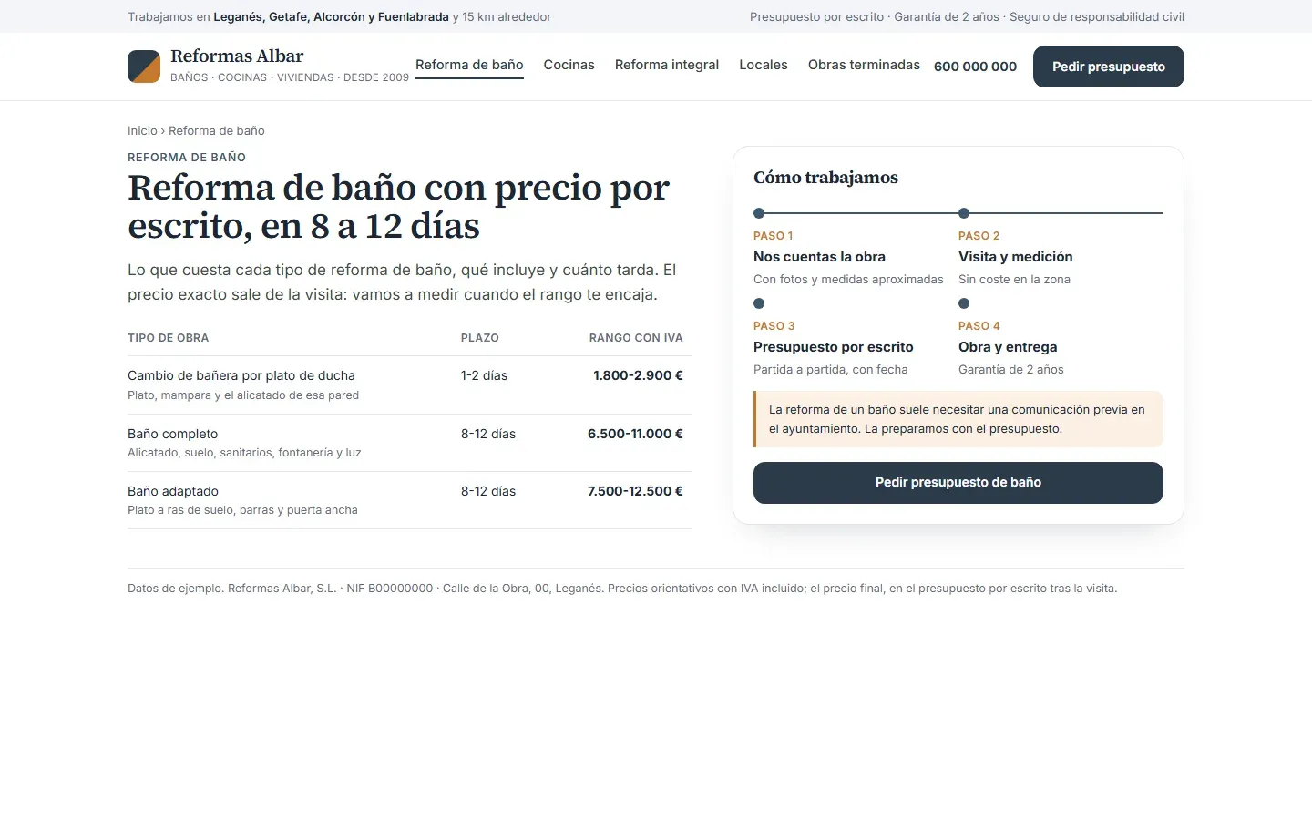 Página de reforma de baño con una tabla de tipos de obra, plazo y rango de precio con IVA, los cuatro pasos desde la solicitud hasta la entrega con garantía y el aviso de la comunicación previa al ayuntamiento