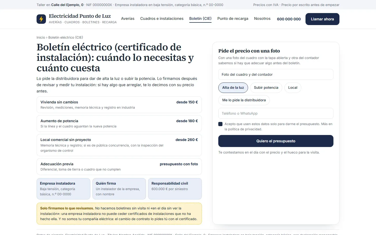 Página del boletín eléctrico con el certificado de instalación de una vivienda, el aumento de potencia y el de un local con su precio, la empresa instaladora con su categoría y su número, quién firma, el seguro de responsabilidad civil, el aviso de que solo firman lo que revisan y de que no son la compañía eléctrica, y el presupuesto con una foto del cuadro