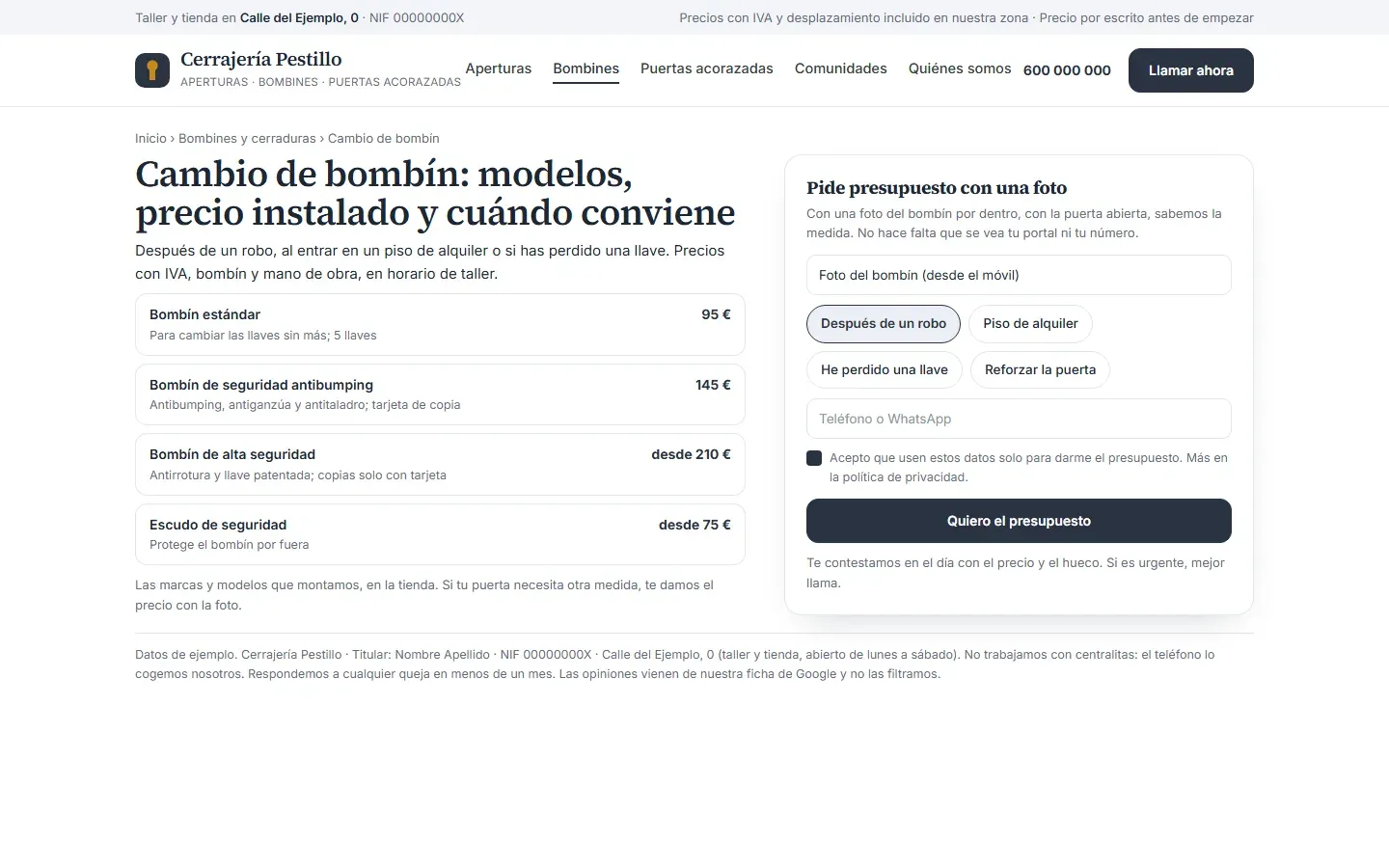 Página del cambio de bombín con cuatro modelos y su precio instalado con IVA, cuándo conviene cambiarlo y el formulario para pedir presupuesto con una foto del bombín que no enseña el portal ni el número