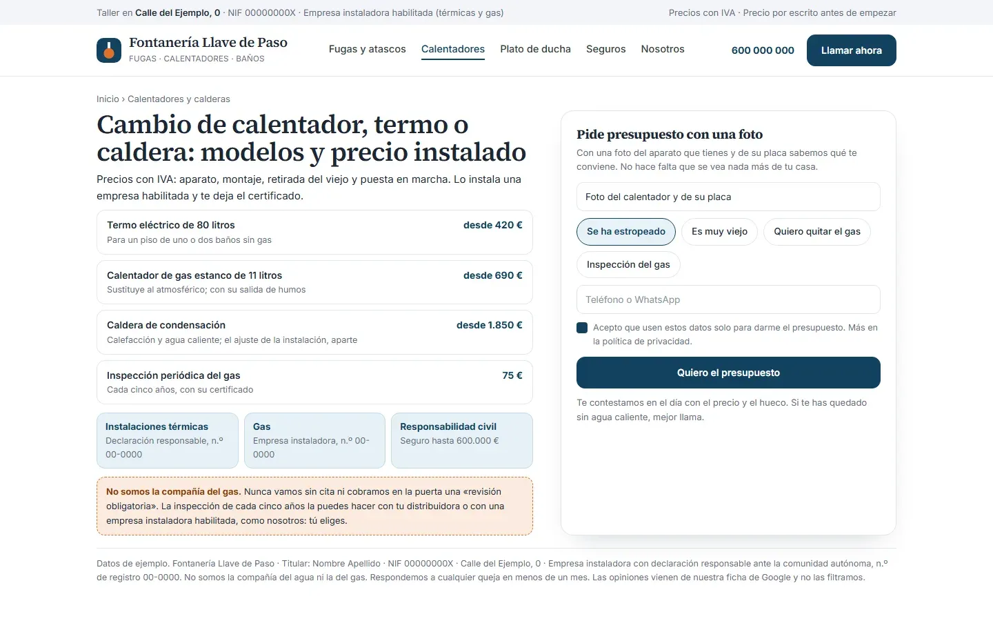 Página de calentadores y calderas con el termo, el calentador estanco, la caldera de condensación y la inspección del gas con su precio instalado, los números de habilitación de térmicas y gas, el seguro de responsabilidad civil, el aviso de que no son la compañía del gas y el presupuesto con una foto de la placa