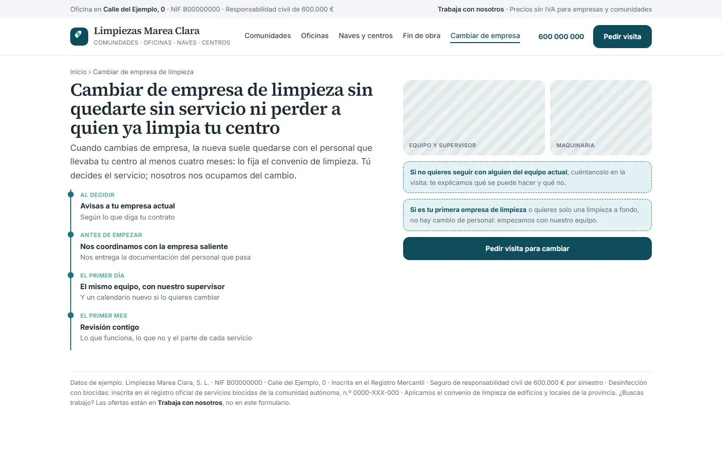 Página para cambiar de empresa de limpieza que explica que el personal del centro suele pasar a la nueva empresa por el convenio, con el calendario del cambio y qué ocurre si es la primera empresa de limpieza