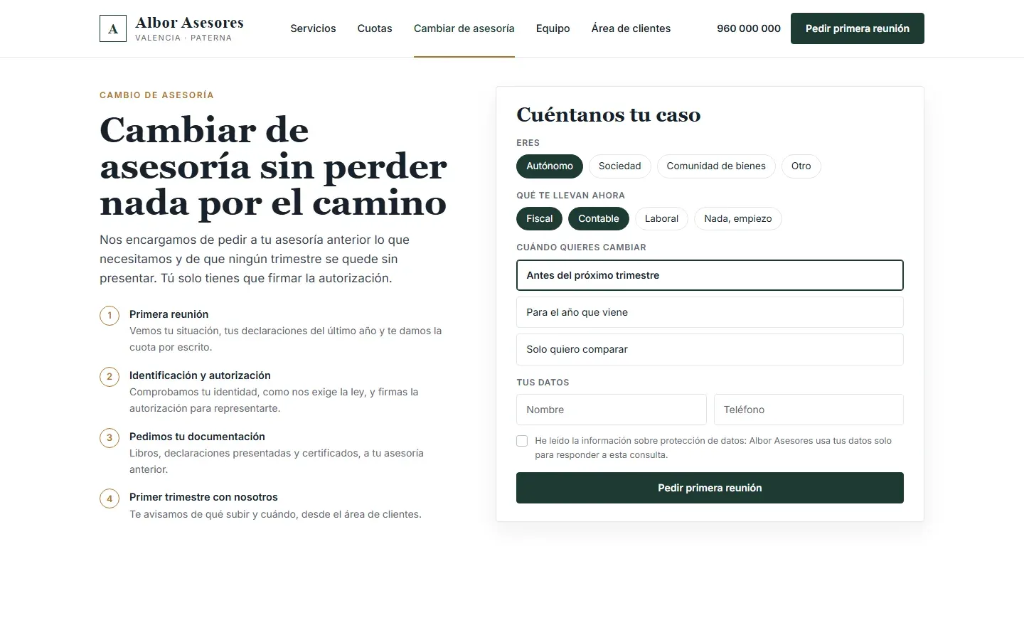 Página para cambiar de asesoría con los cuatro pasos del traspaso y un formulario que pregunta el perfil, qué le llevan ahora y cuándo quiere cambiar