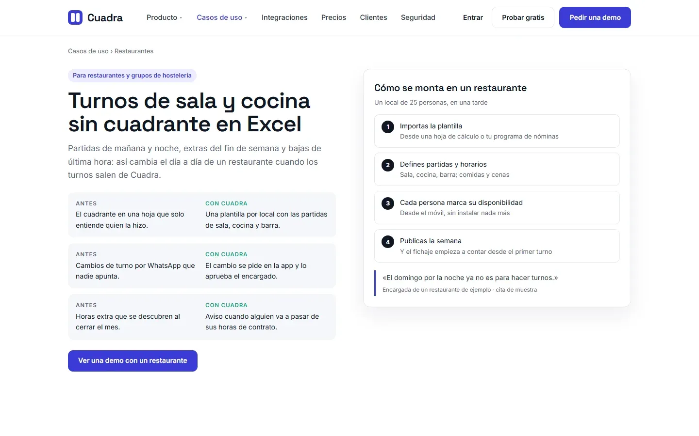 Página de caso de uso «Turnos de sala y cocina sin cuadrante en Excel» para restaurantes, con el antes y el después y los cuatro pasos para empezar