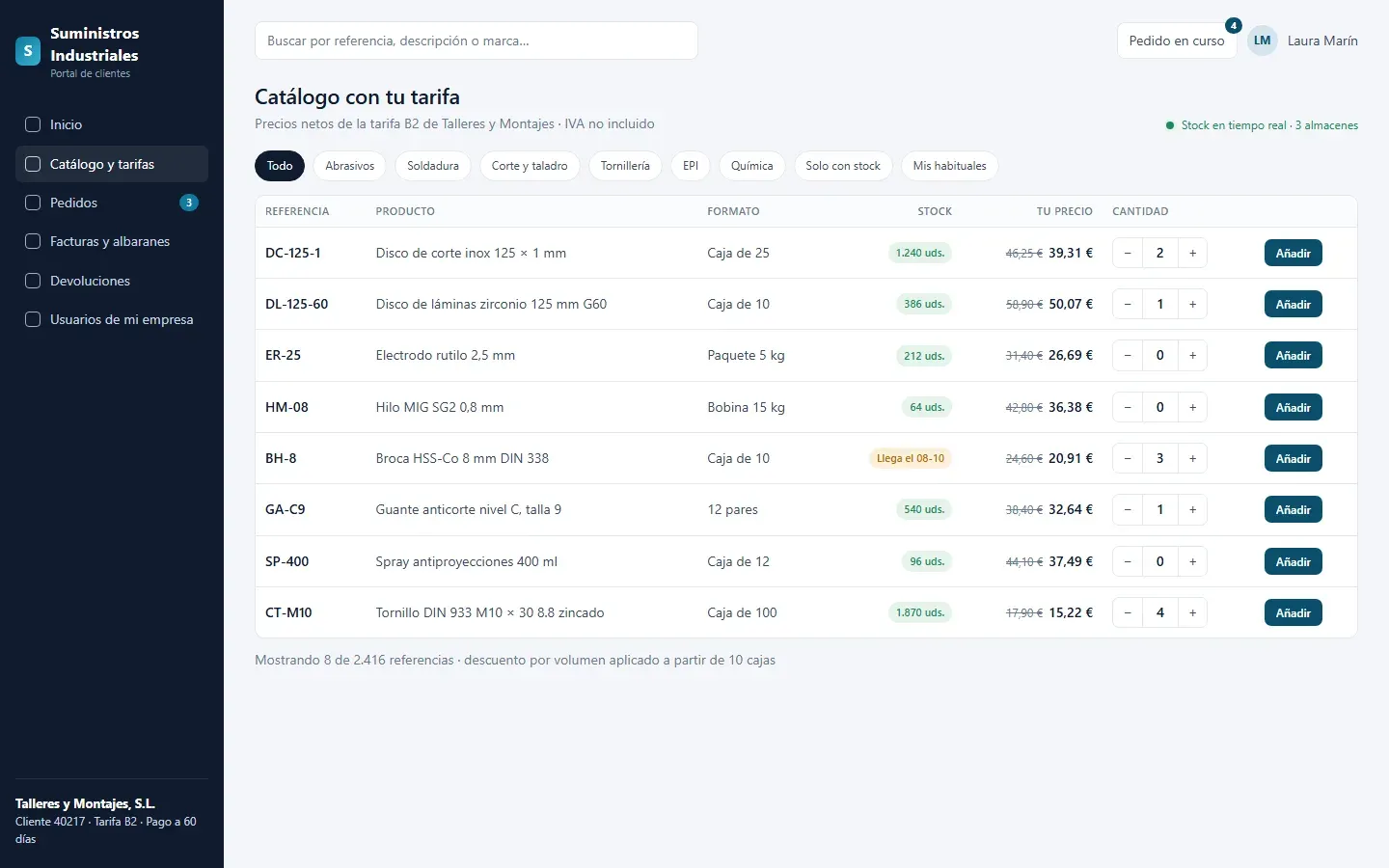 Portal de clientes B2B: catálogo con el precio neto de la tarifa del cliente y el stock de cada referencia