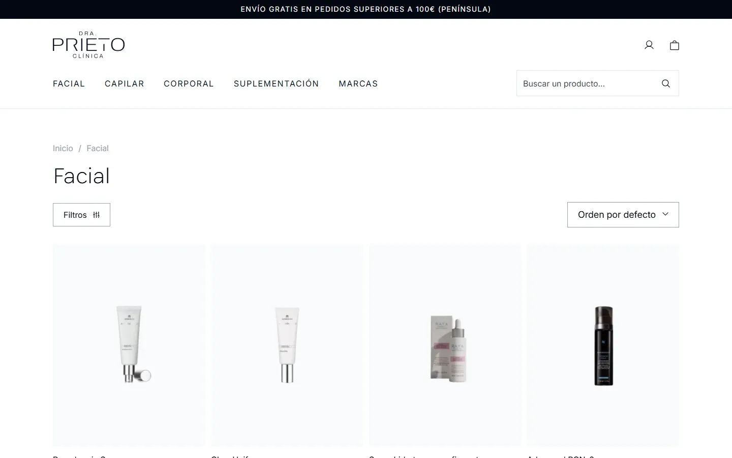 Categoría Facial de la tienda online de Dra. Prieto, con filtros y orden