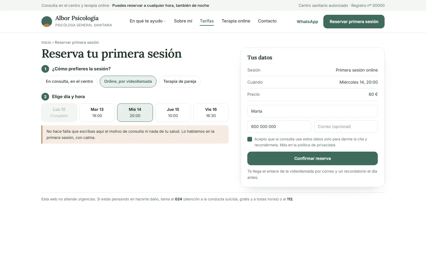 Reserva de la primera sesión en dos pasos (en consulta u online, día y hora, también por la tarde), un formulario de nombre y teléfono y el aviso de que no hace falta escribir el motivo de consulta