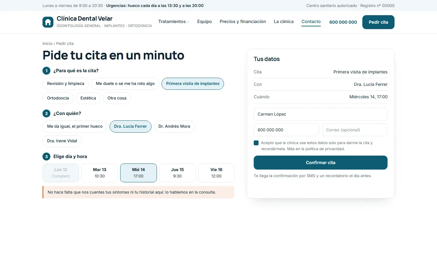 Reserva de cita en tres pasos (para qué es, con quién y qué día), un formulario de nombre y teléfono y el aviso de que no hace falta contar síntomas