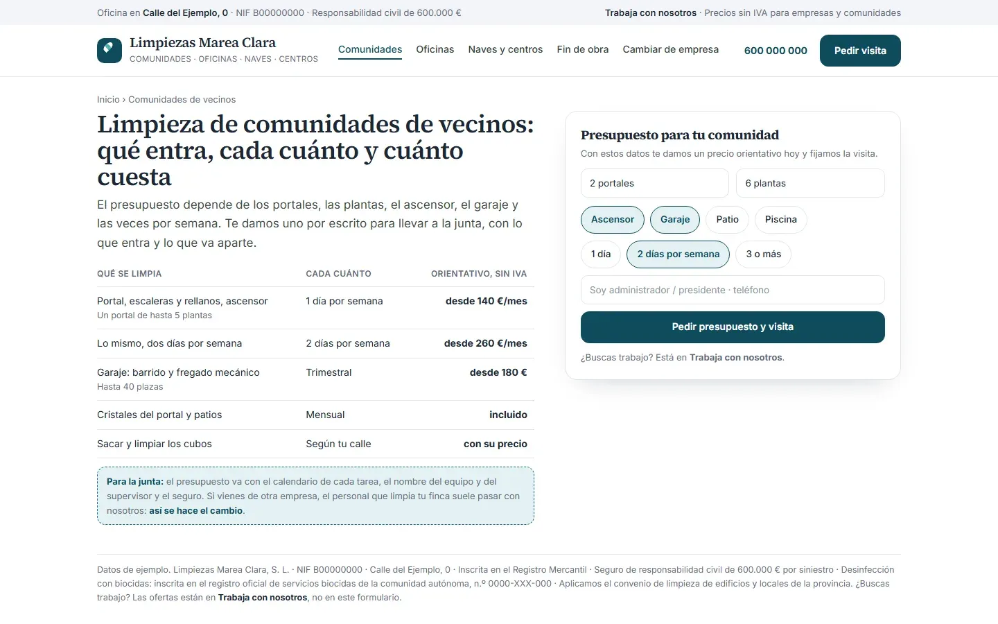 Página de limpieza de comunidades de vecinos con la tabla de qué se limpia, cada cuánto y el precio orientativo sin IVA, la nota para llevar el presupuesto a la junta y un formulario con portales, plantas, ascensor, garaje y días por semana