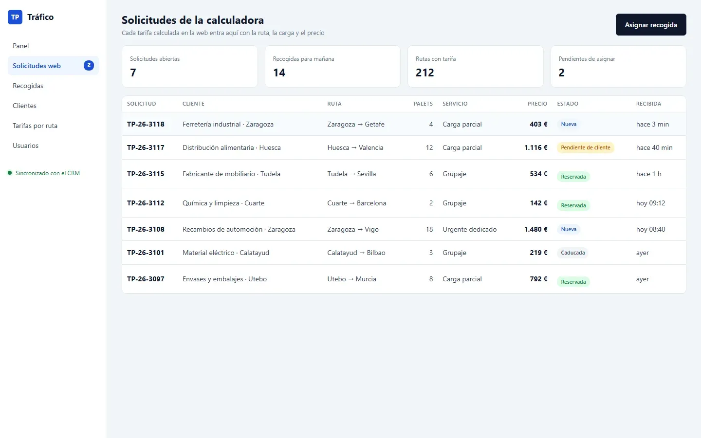 Tabla de solicitudes de la calculadora con la ruta, los palets, el servicio, el precio y el estado