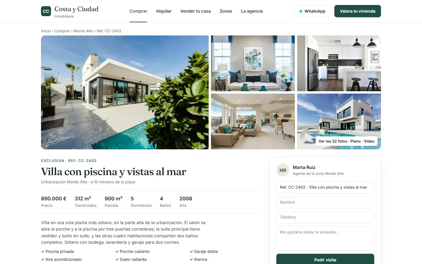 Ficha de una villa con galería de fotos, datos principales, descripción y formulario de visita con la referencia ya puesta