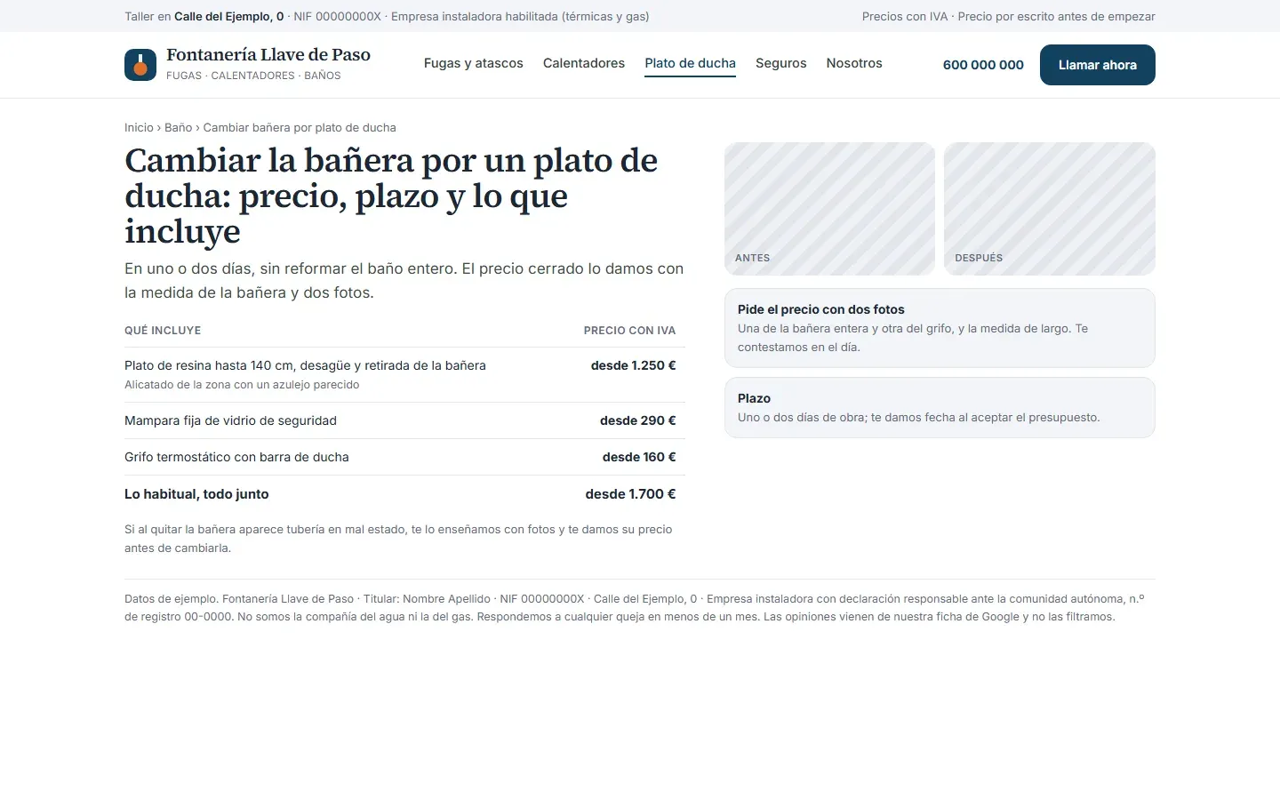 Página del cambio de bañera por plato de ducha con el precio desglosado del plato, la mampara y el grifo, el total habitual, el plazo de uno o dos días, los huecos para las fotos de antes y después y el presupuesto con dos fotos