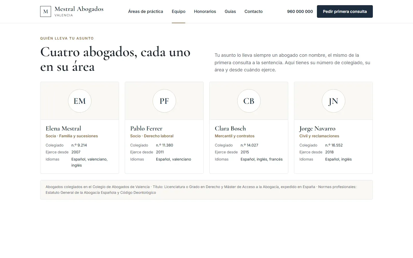 Página del equipo con cada abogado, su área, su número de colegiado, el año desde el que ejerce y sus idiomas