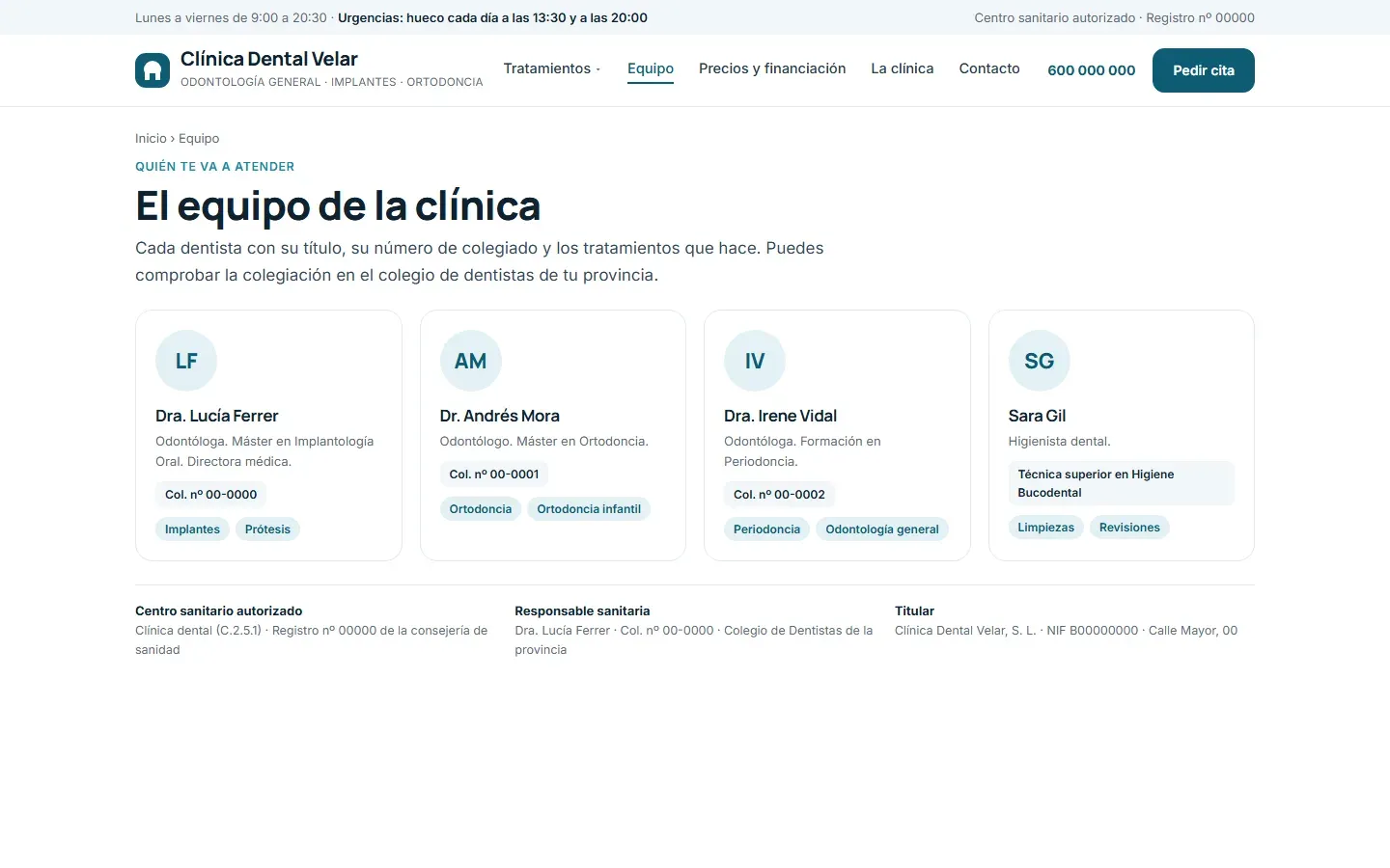 Página del equipo con cada dentista, su título, su número de colegiado y sus tratamientos, y al pie el número de registro sanitario de la clínica y la responsable sanitaria