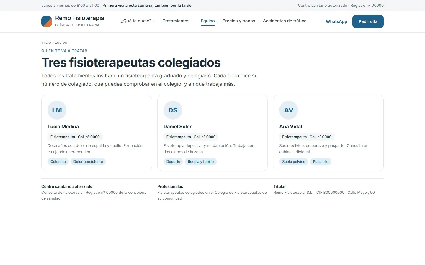 Página de equipo con tres fisioterapeutas colegiados, cada uno con su número de colegiado y sus áreas (columna, deporte, suelo pélvico), y al pie el registro sanitario de la clínica y su titular