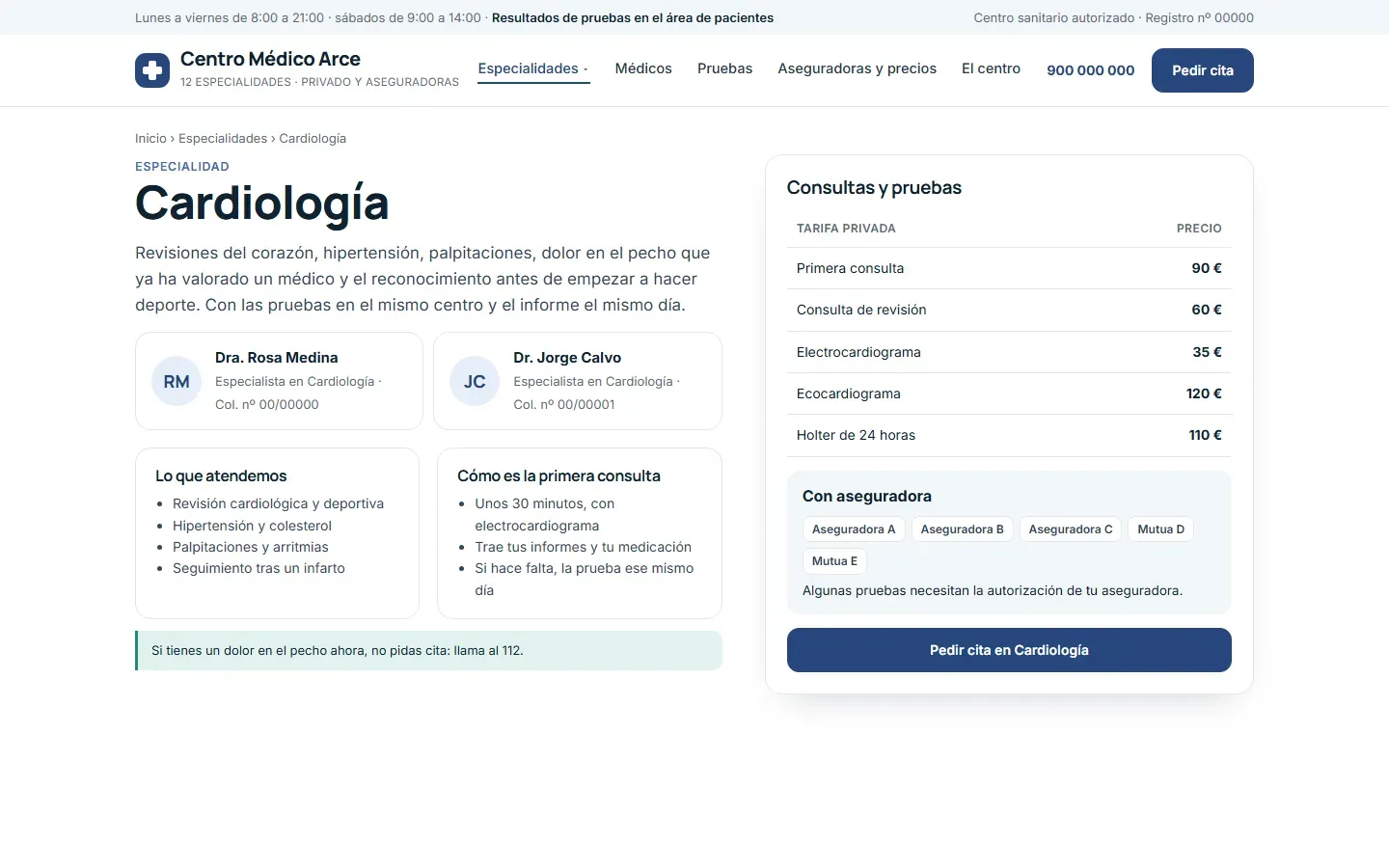 Página de cardiología con sus dos médicos y su número de colegiado, lo que atienden, cómo es la primera consulta, la tarifa privada de consultas y pruebas y las aseguradoras aceptadas