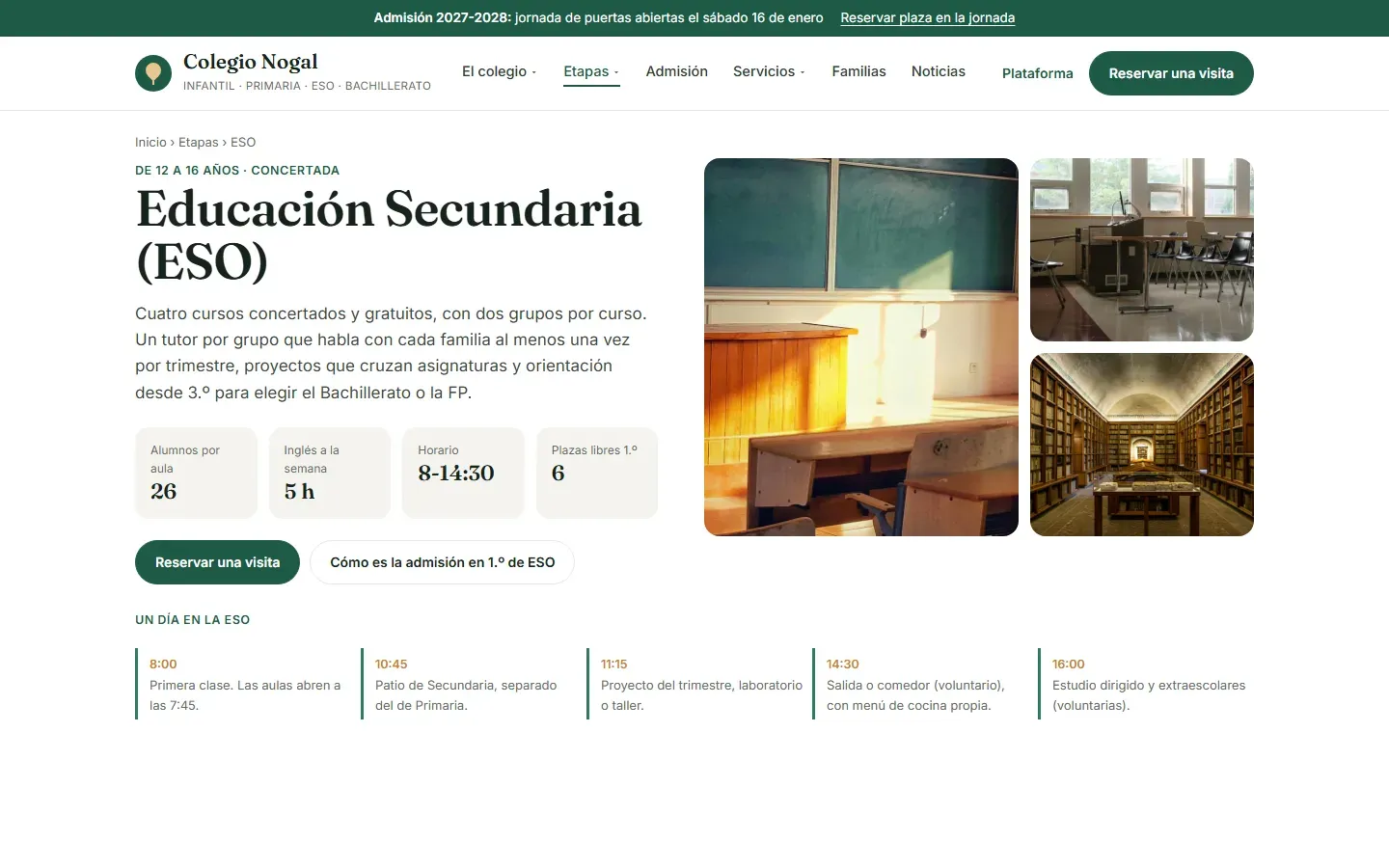 Página de la ESO con los datos de la etapa (alumnos por aula, horas de inglés, horario y plazas libres), fotos de aulas y biblioteca y un día tipo