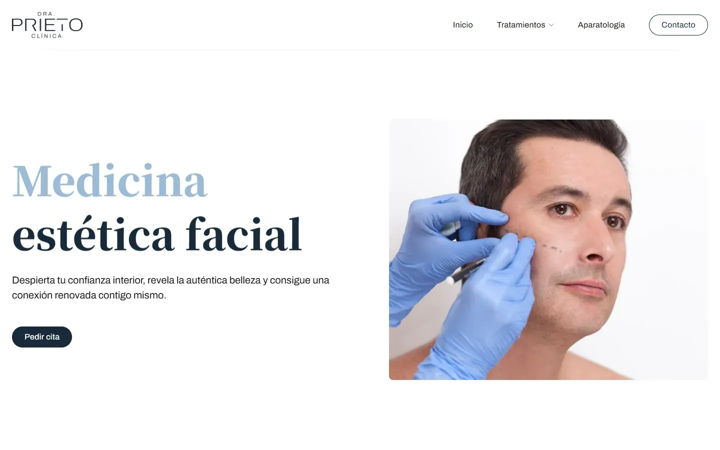 Página de medicina estética facial de la Clínica Dra. Prieto con el botón de pedir cita
