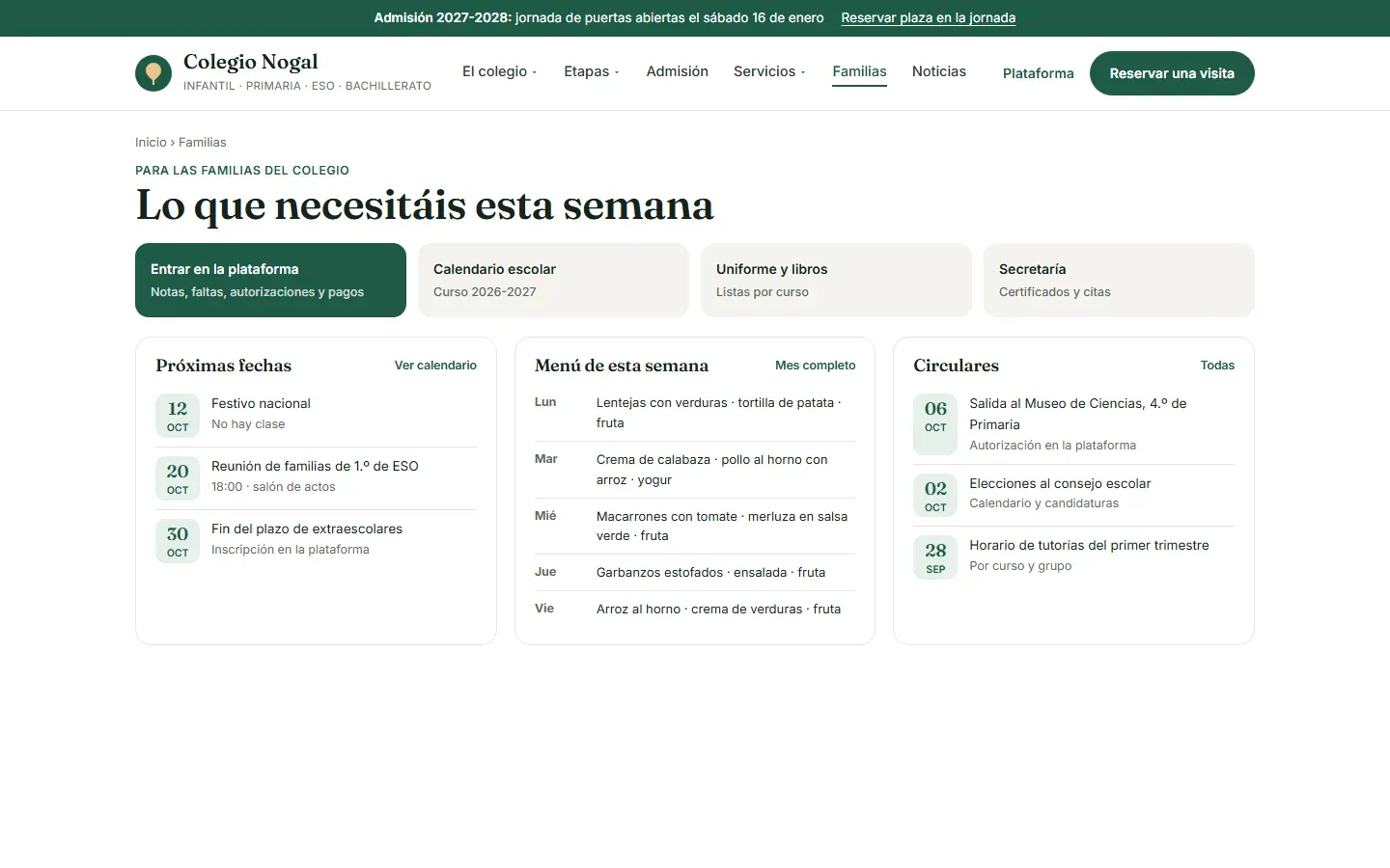Zona de familias con el acceso a la plataforma de gestión, las próximas fechas, el menú del comedor de la semana y las últimas circulares