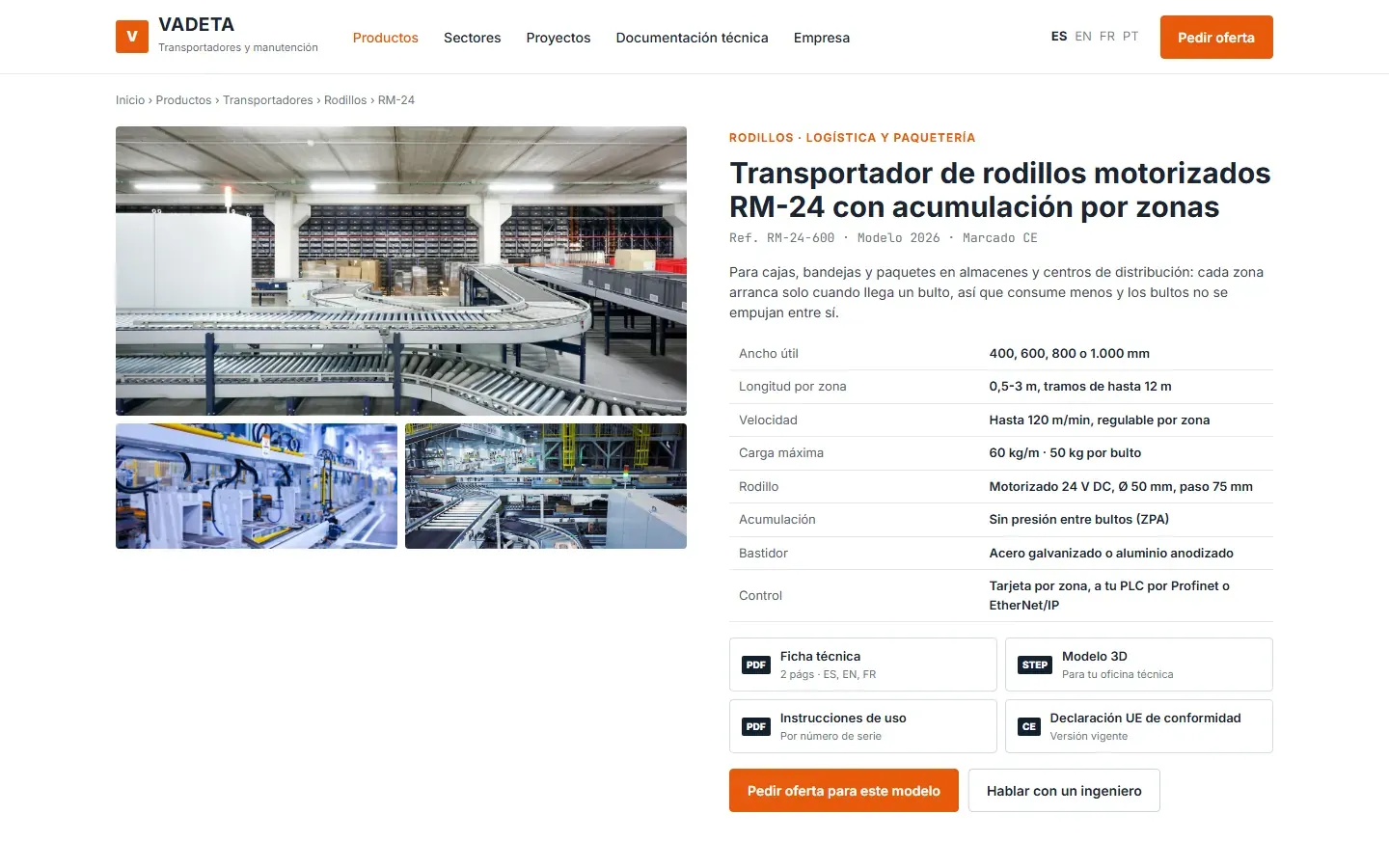 Ficha del transportador de rodillos RM-24 con galería, tabla de datos técnicos y descargas de ficha técnica, modelo 3D, instrucciones de uso y declaración UE de conformidad
