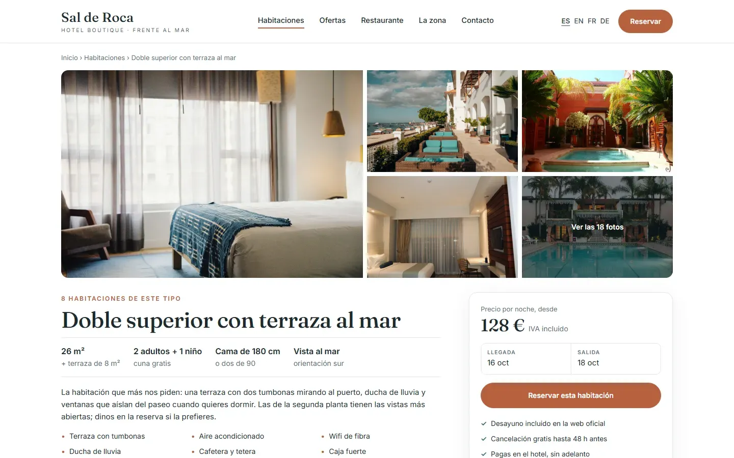 Página de la habitación doble superior con galería de fotos, metros, capacidad, equipamiento y el precio desde con IVA junto al botón de reservar