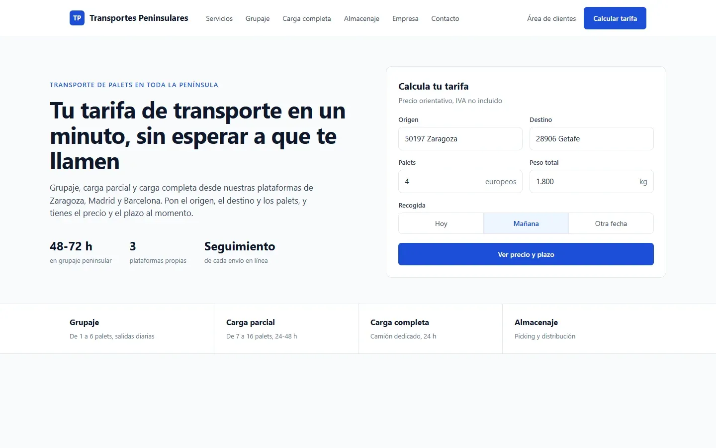 Web de una empresa de transporte de palets con la calculadora de tarifas en portada