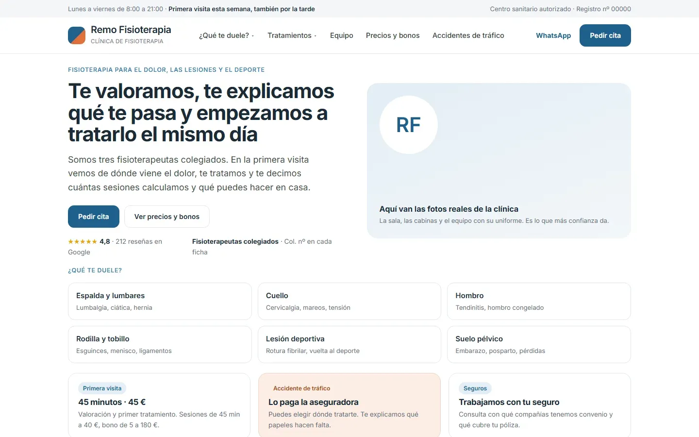 Web de una clínica de fisioterapia: portada con «¿Qué te duele?» por zonas del cuerpo, la primera visita con su duración y su precio, los bonos y las tres entradas de paciente privado, con seguro y por accidente de tráfico
