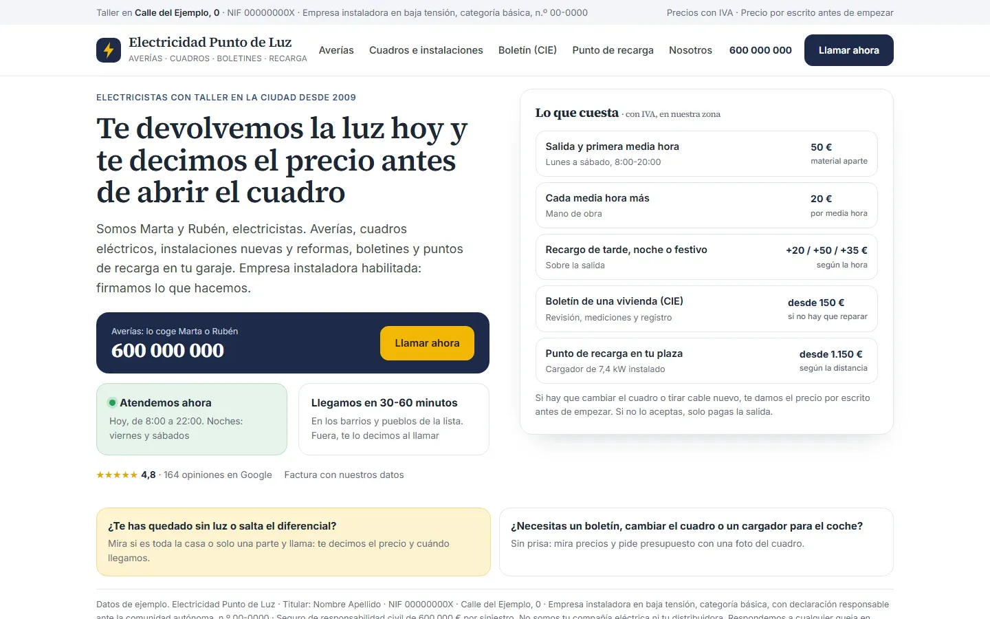 Web de una empresa de electricidad: portada con quiénes son los dos electricistas, el teléfono grande con el botón de llamar, si atienden ahora, el tiempo de llegada, la salida y la media hora con IVA, los recargos de tarde, noche y festivo, el boletín y el punto de recarga con su precio, y la avería separada del trabajo programado