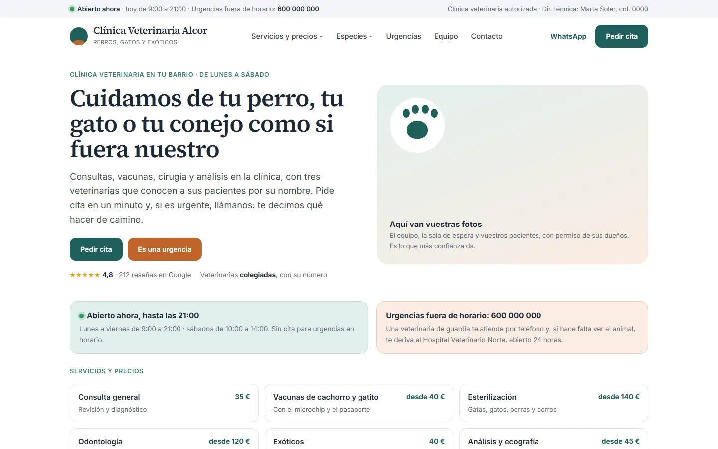 Web de una clínica veterinaria: portada con «abierto ahora», el teléfono de urgencias fuera de horario y el hospital de guardia al que deriva, los servicios con su precio y las especies que atiende