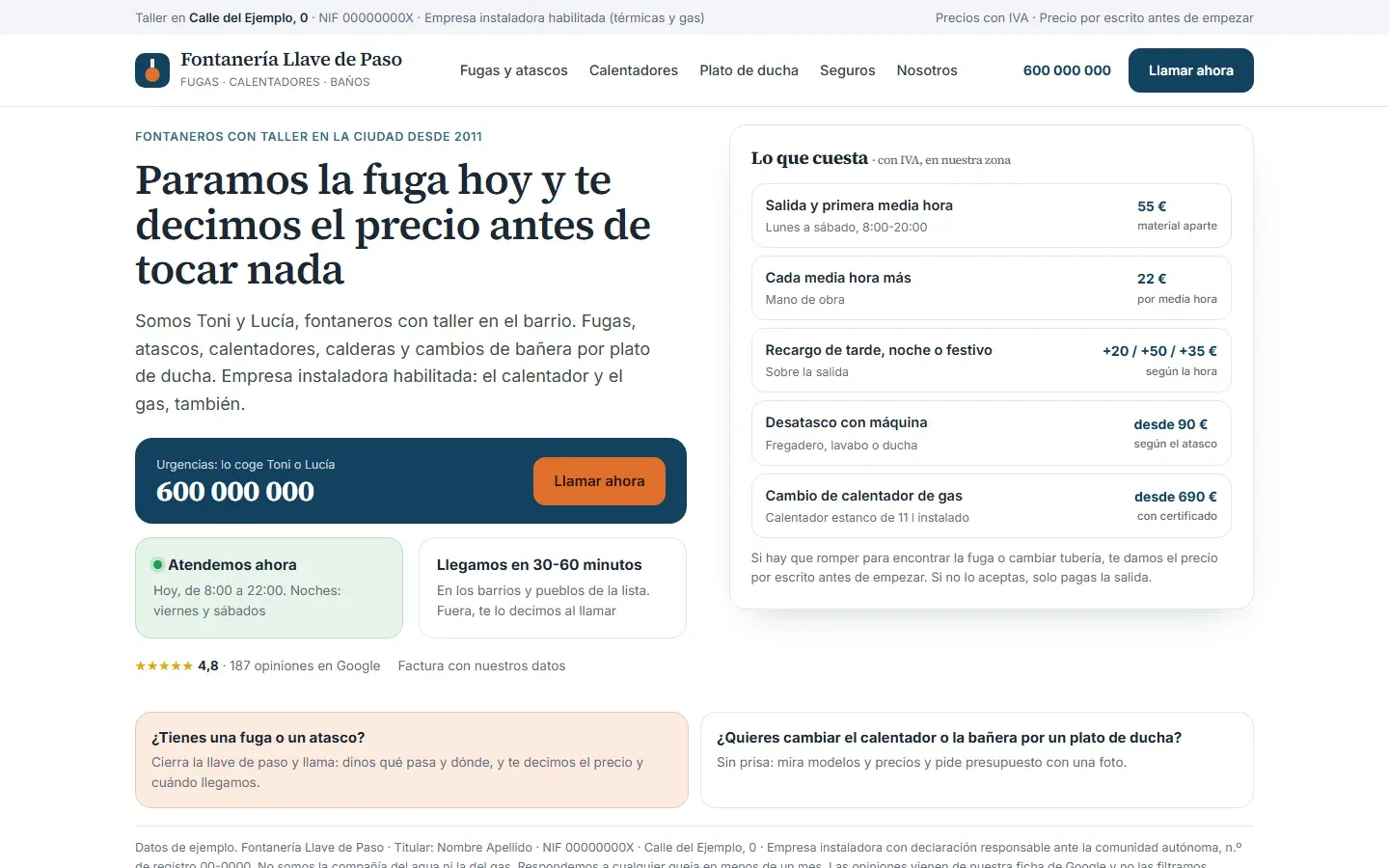 Web de una fontanería: portada con quiénes son los dos fontaneros, el teléfono grande con el botón de llamar, si atienden ahora, el tiempo de llegada, la salida y la media hora con IVA, los recargos de tarde, noche y festivo, el desatasco y el calentador con su precio, y la urgencia separada del trabajo programado