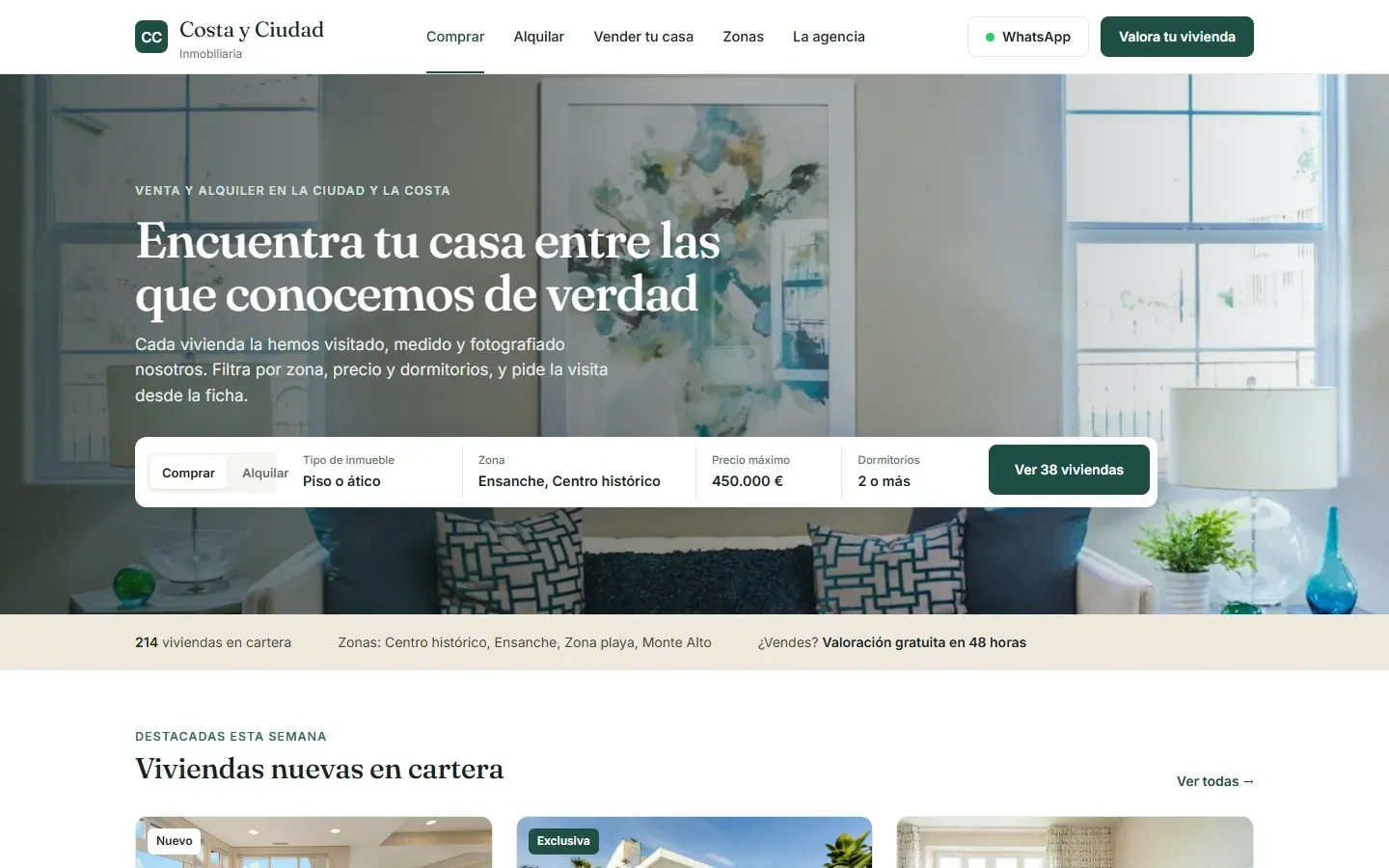 Web de una inmobiliaria: portada con el buscador por tipo de inmueble, zona, precio y dormitorios