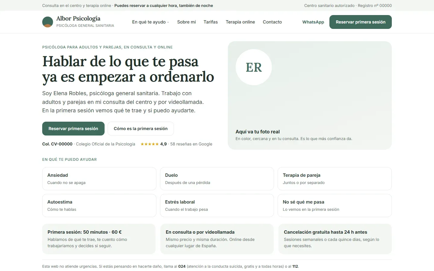 Web de una psicóloga: portada con su nombre, su habilitación y su número de colegiada, los motivos de consulta en los que trabaja, cómo es la primera sesión y su precio, en consulta o por videollamada, y el aviso del 024 al pie