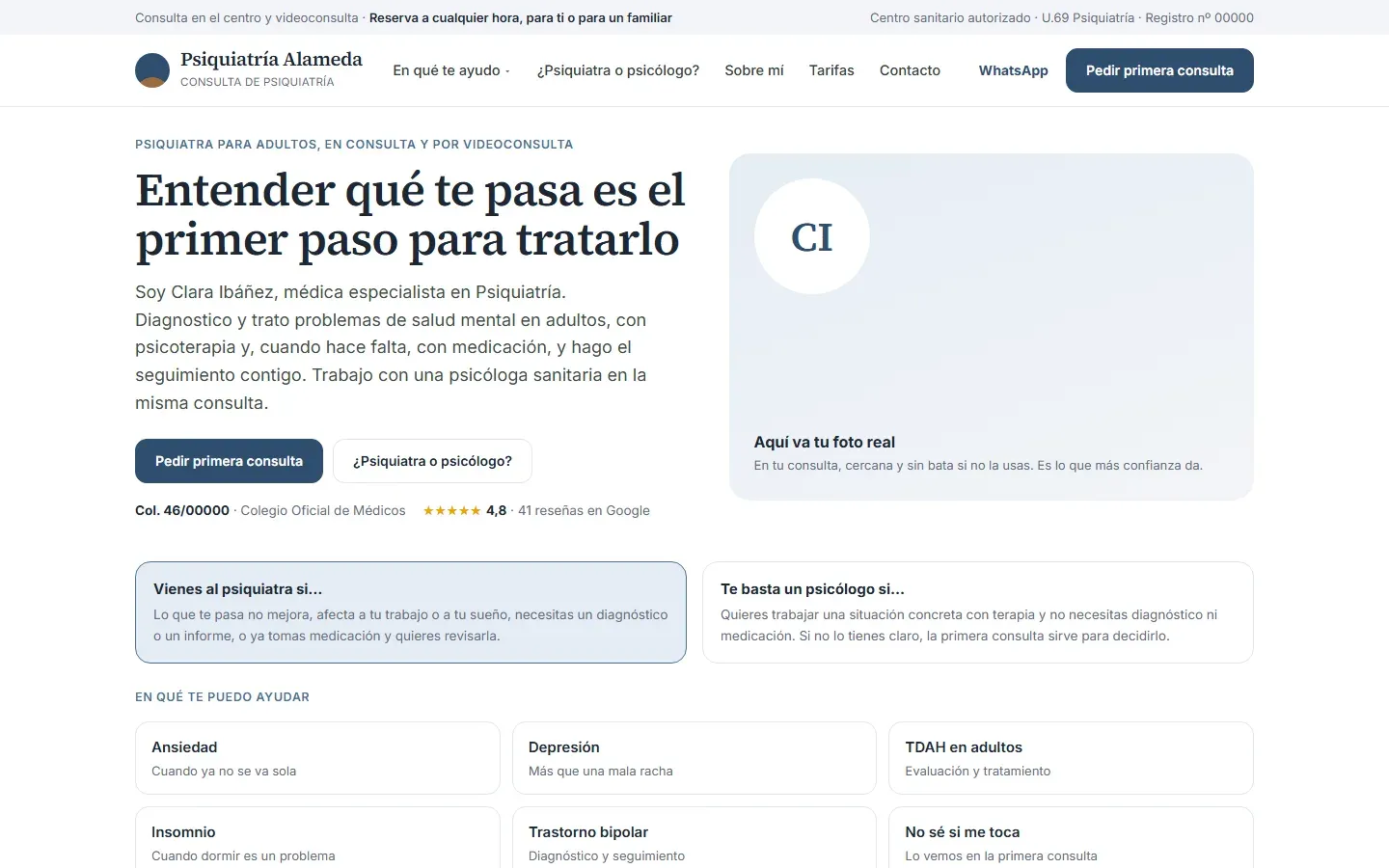 Web de una psiquiatra: portada con su nombre, su especialidad y su número de colegiada, cuándo ir al psiquiatra y cuándo basta un psicólogo, los motivos de consulta, la primera consulta y las revisiones con su precio y el aviso del 024 al pie