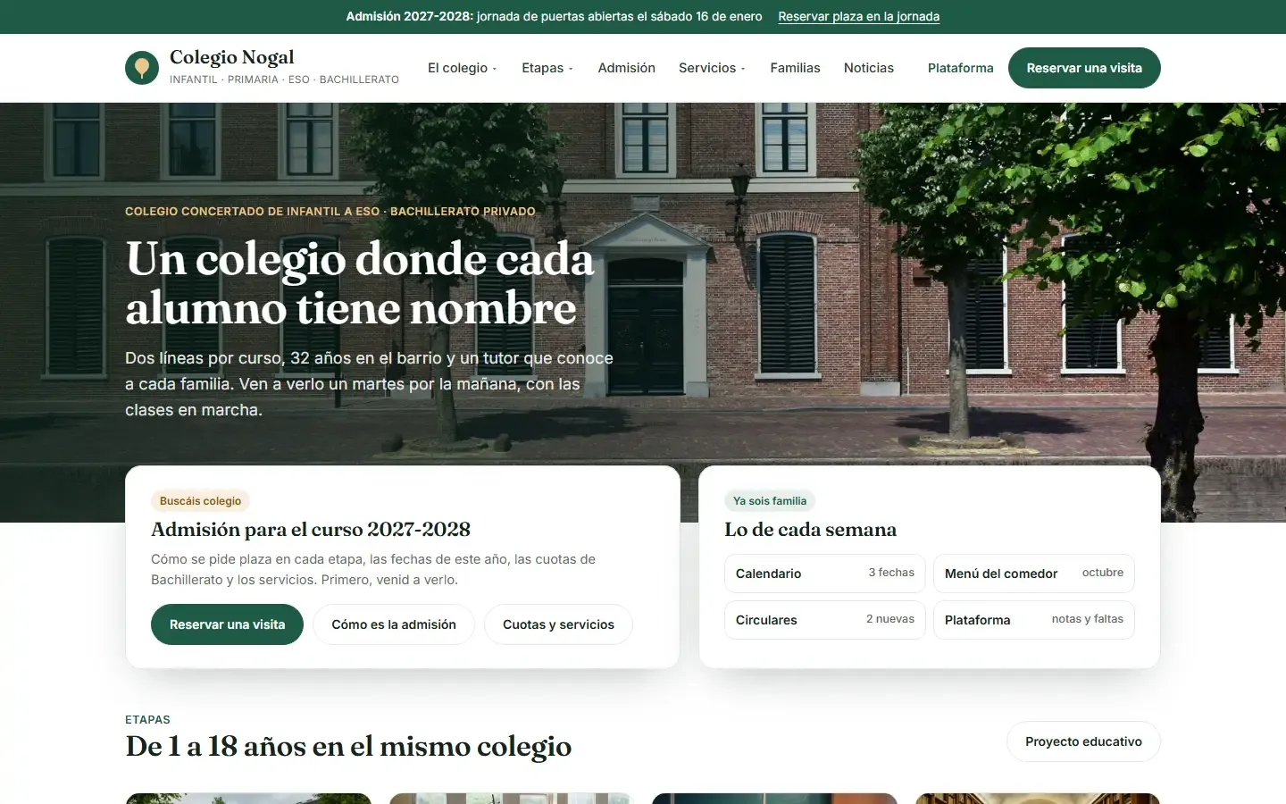 Web de un colegio con la fachada del edificio, el aviso de la jornada de puertas abiertas y dos caminos: admisión para las familias que buscan colegio y lo de cada semana para las que ya están