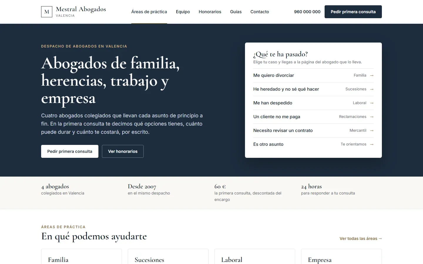 Web de un despacho de abogados: portada con las áreas de práctica y un selector «¿Qué te ha pasado?» que lleva a cada área