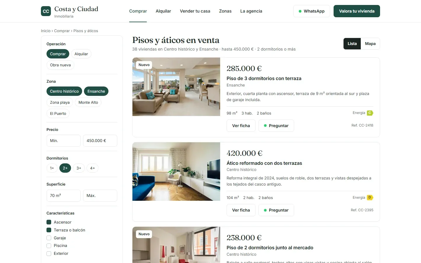 Listado de pisos en venta con filtros de zona, precio, dormitorios, superficie y características, y la etiqueta energética de cada piso