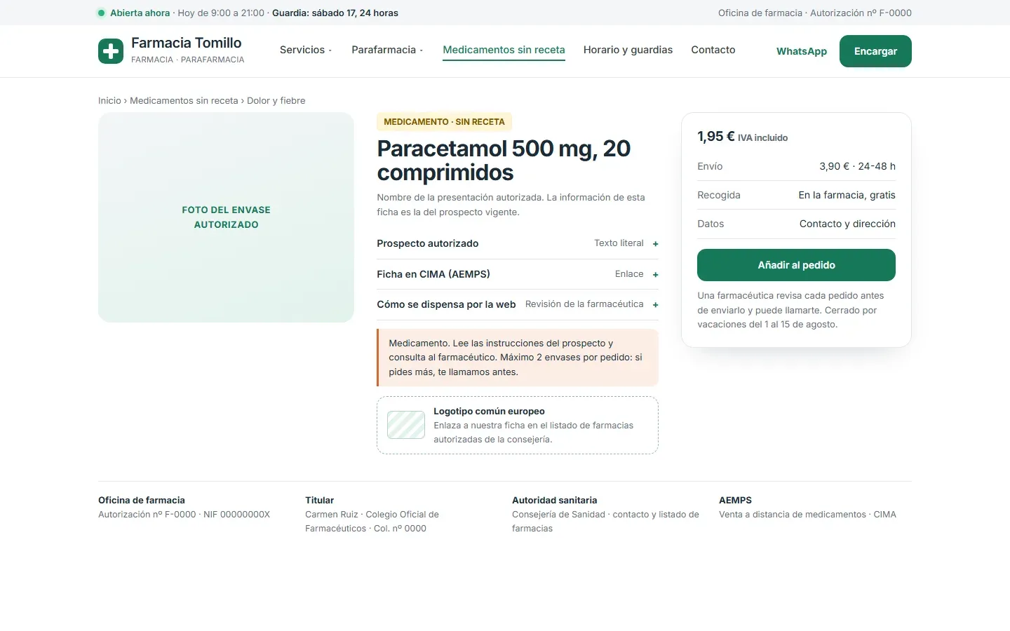Ficha de un medicamento sin receta con el nombre de la presentación autorizada, el prospecto literal, el enlace a CIMA, un límite de envases, el logotipo común europeo enlazado al listado de la consejería y al pie la autorización, el titular colegiado y la autoridad sanitaria