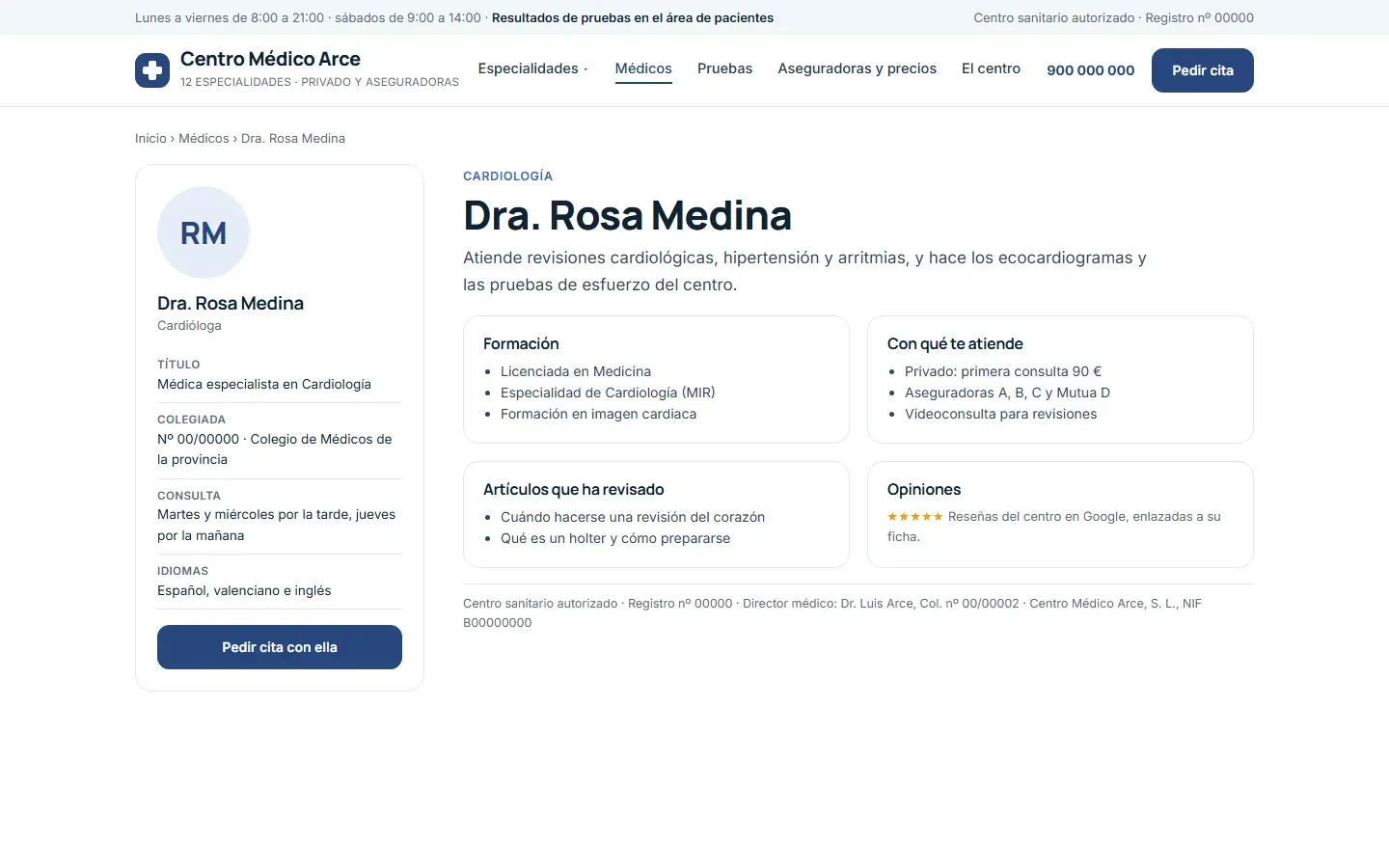 Ficha de una cardióloga con su título de especialista, su número de colegiado, su horario de consulta, idiomas, formación, aseguradoras y los artículos que ha revisado, y al pie el registro sanitario del centro y el director médico