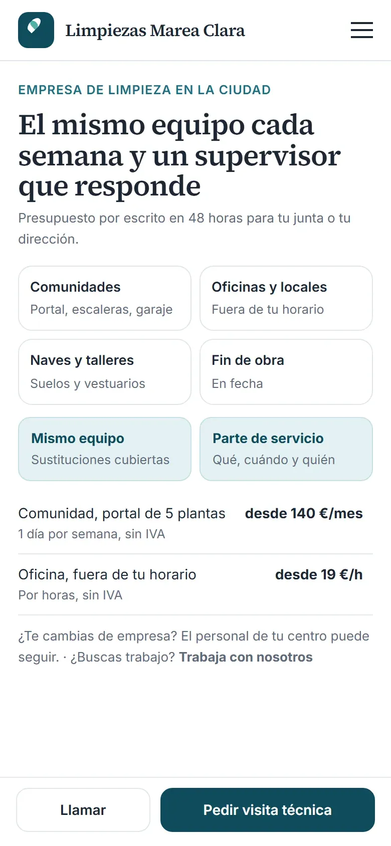 Portada en el móvil con los tipos de centro, el mismo equipo y el parte de servicio, dos precios orientativos sin IVA, el enlace al empleo y los botones de llamar y pedir visita técnica fijos abajo