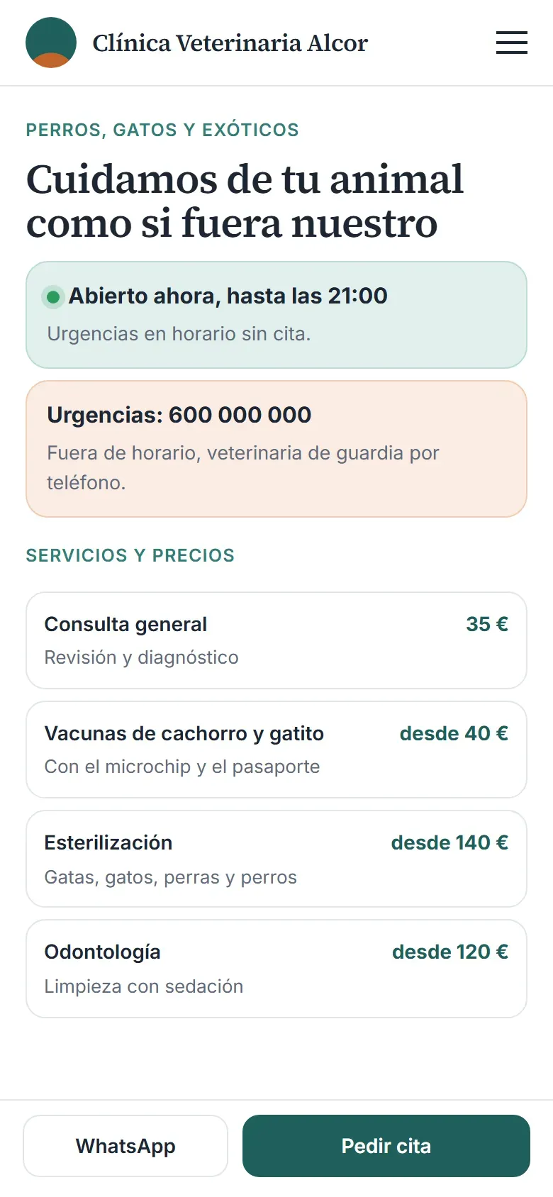 Portada en el móvil con «abierto ahora», el teléfono de urgencias, los servicios con su precio y los botones de WhatsApp y pedir cita fijos abajo