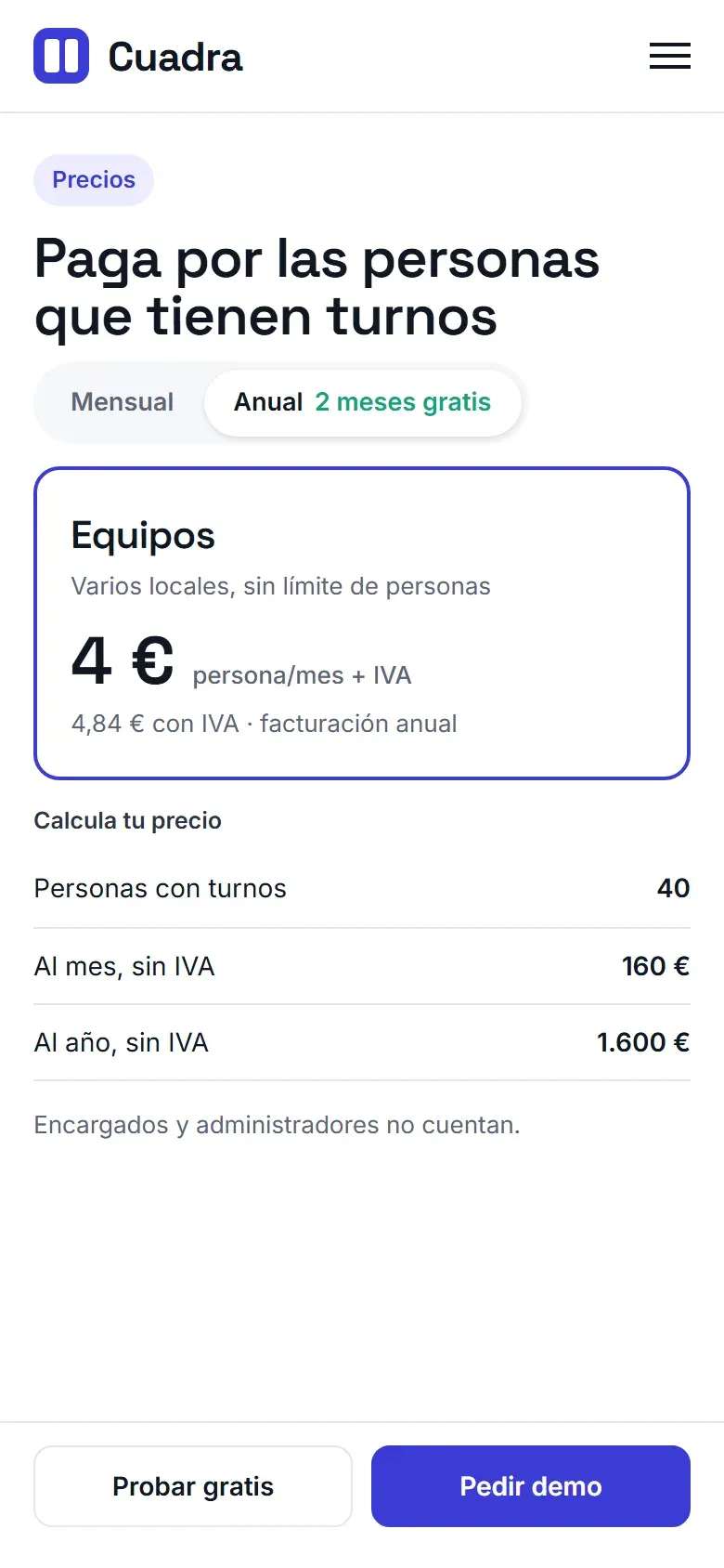 Precios en el móvil con el plan recomendado, una calculadora por número de personas y los botones de probar gratis y pedir demo fijos abajo
