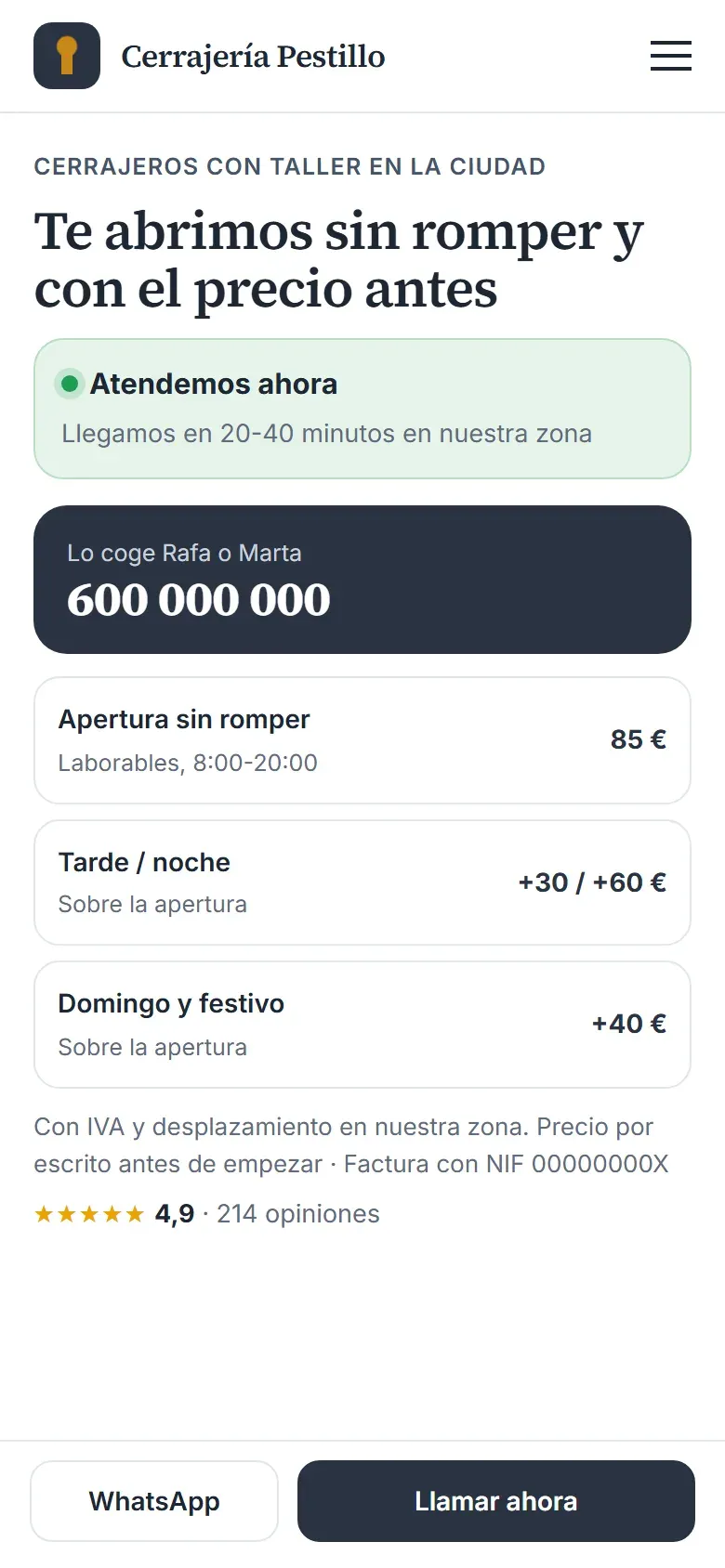 Portada de la cerrajería en el móvil con si atienden ahora, el tiempo de llegada, el teléfono grande, el precio de la apertura y sus recargos y los botones de WhatsApp y llamar fijos abajo