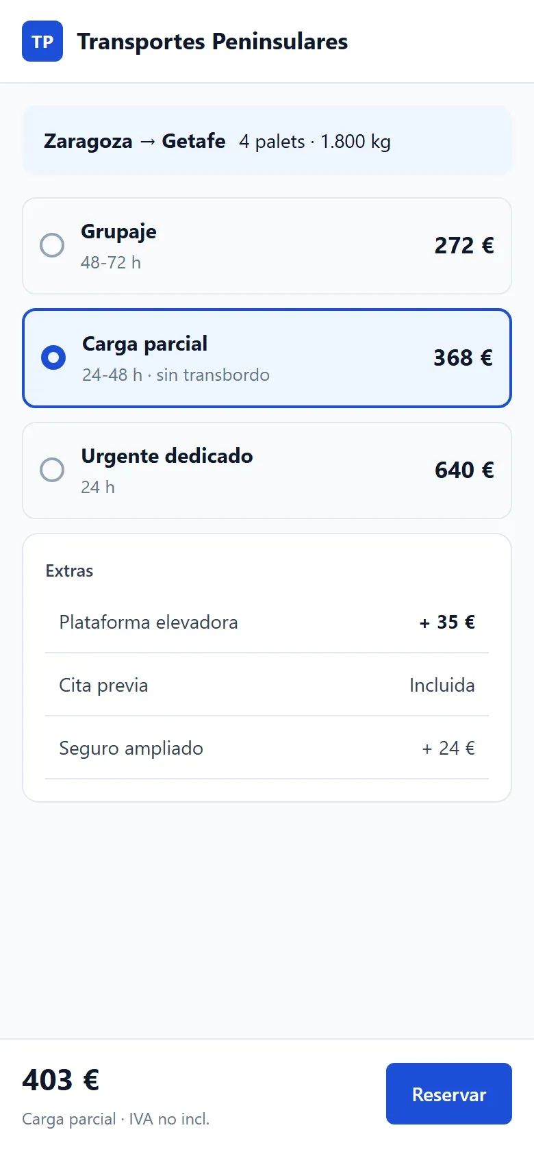 Calculadora de tarifas de transporte en el móvil, con el precio fijo abajo