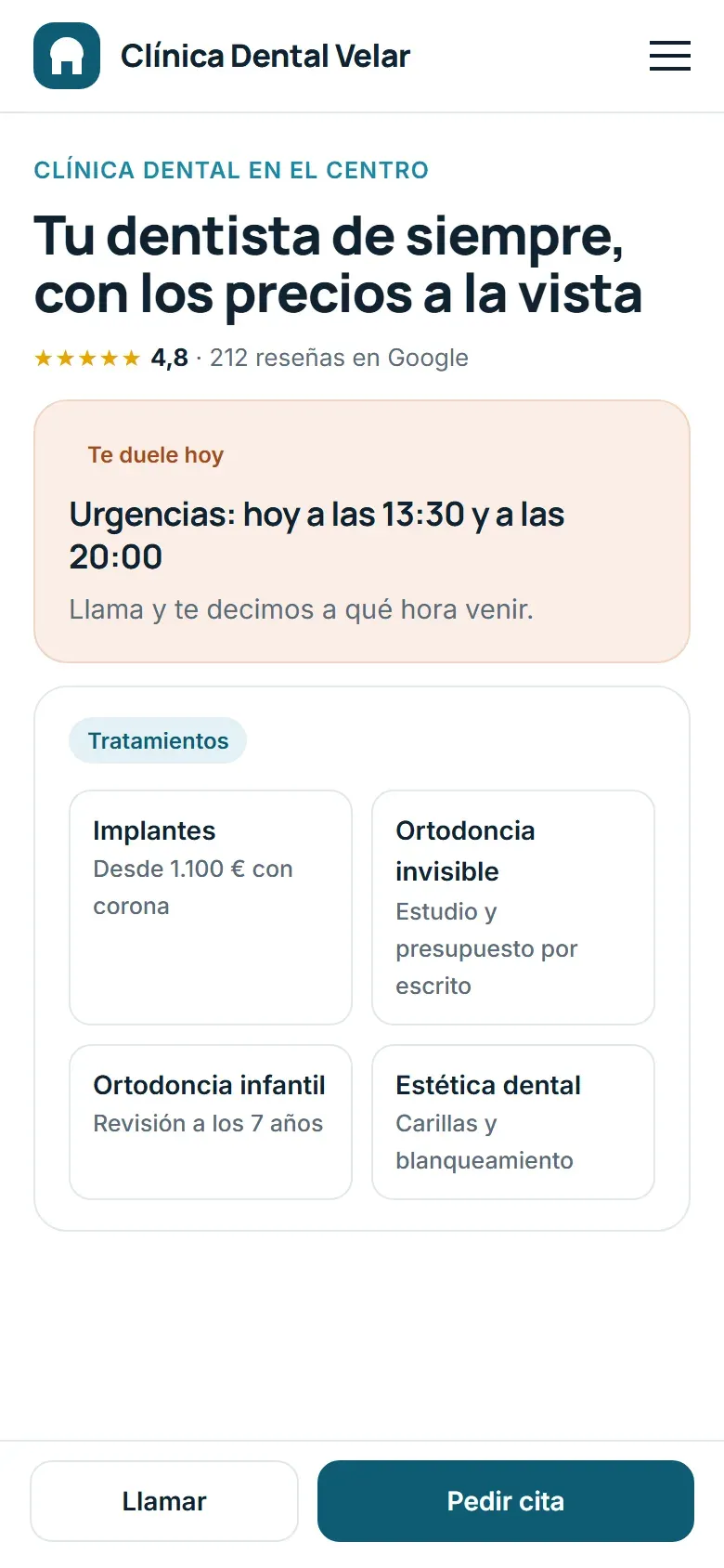 Portada en el móvil con las urgencias del día, los tratamientos con su precio y los botones de llamar y pedir cita fijos abajo