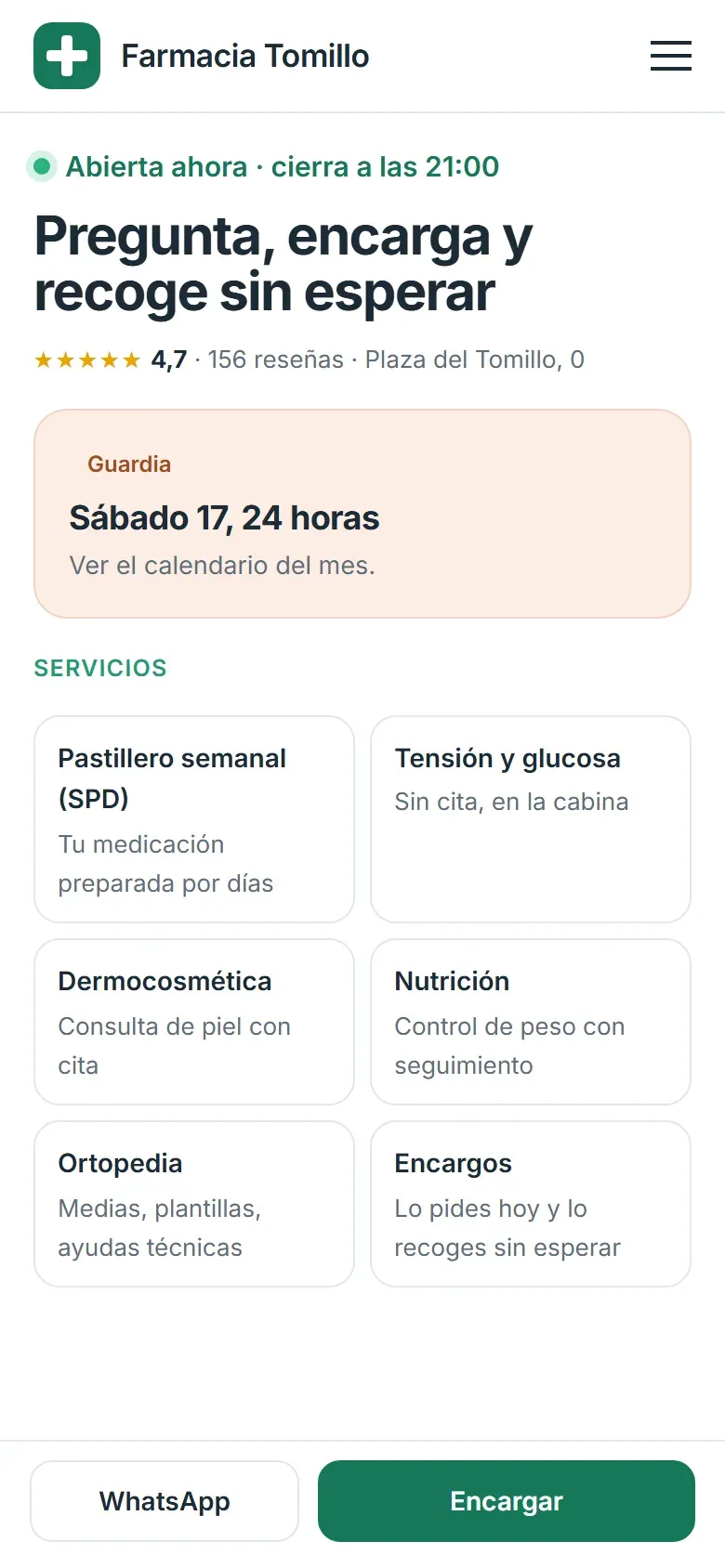 Portada en el móvil con abierta ahora, la próxima guardia, los servicios y los botones de WhatsApp y encargar fijos abajo