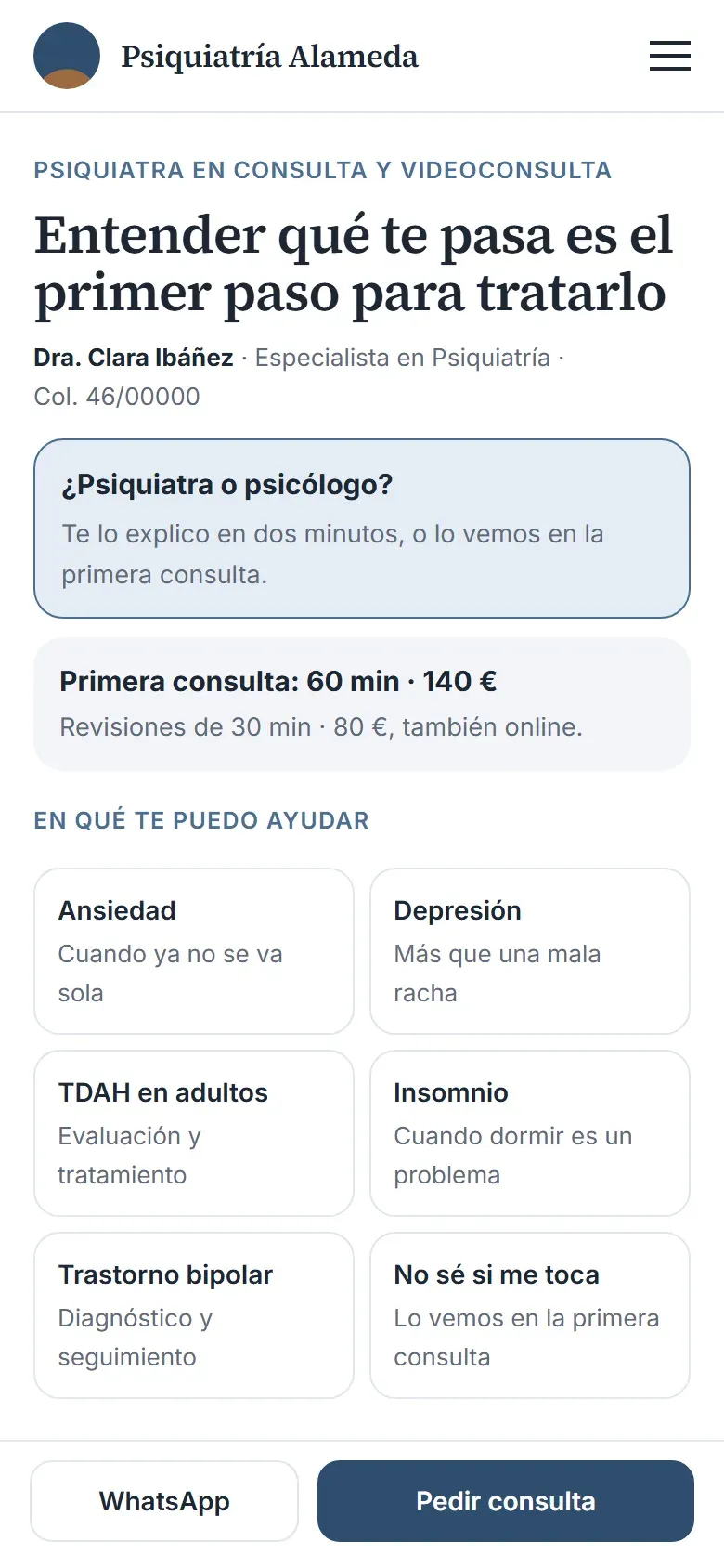 Portada en el móvil con la psiquiatra y su colegiado, el acceso a «¿psiquiatra o psicólogo?», la primera consulta con su precio, los motivos de consulta y los botones de WhatsApp y pedir consulta fijos abajo