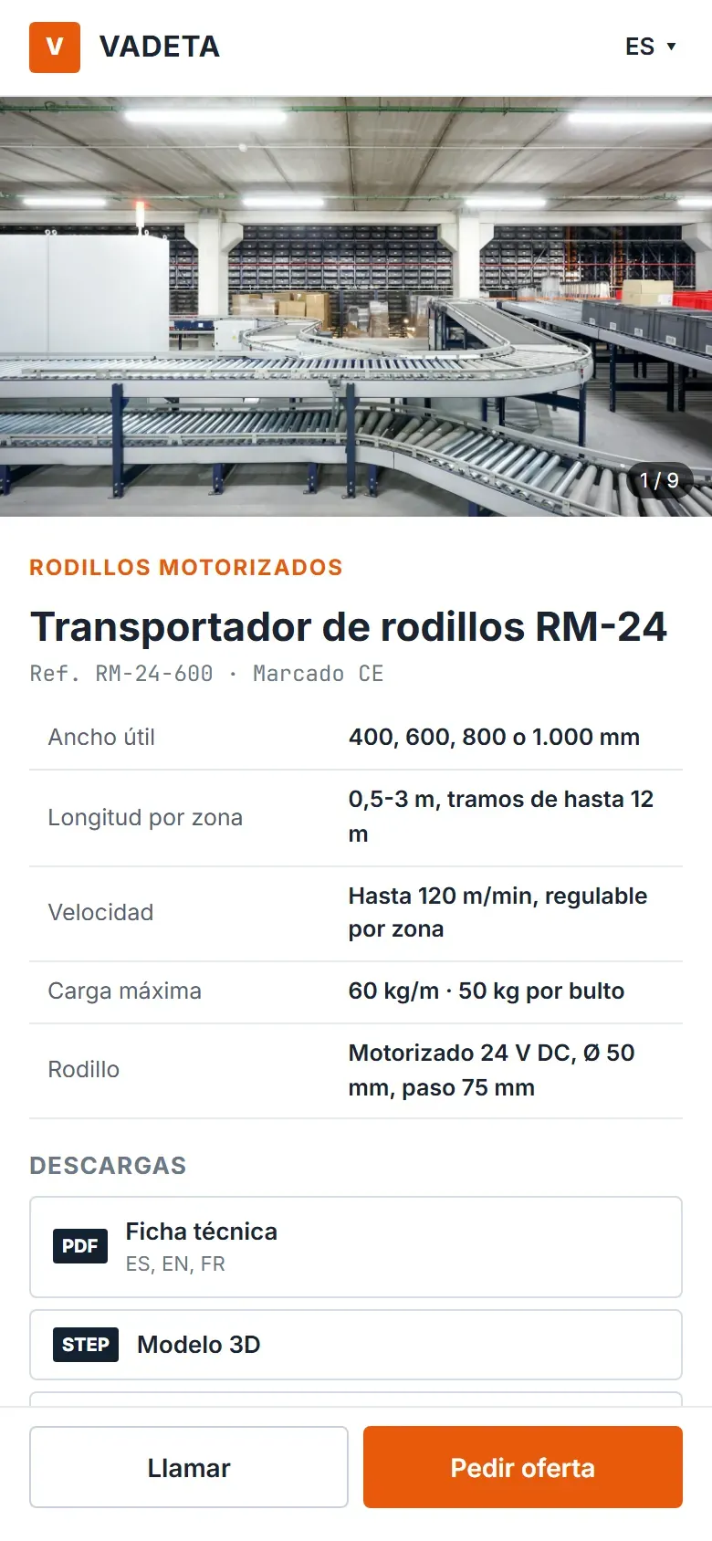 Ficha de un transportador de rodillos en el móvil con los datos técnicos, las descargas y los botones de llamar y pedir oferta fijos abajo