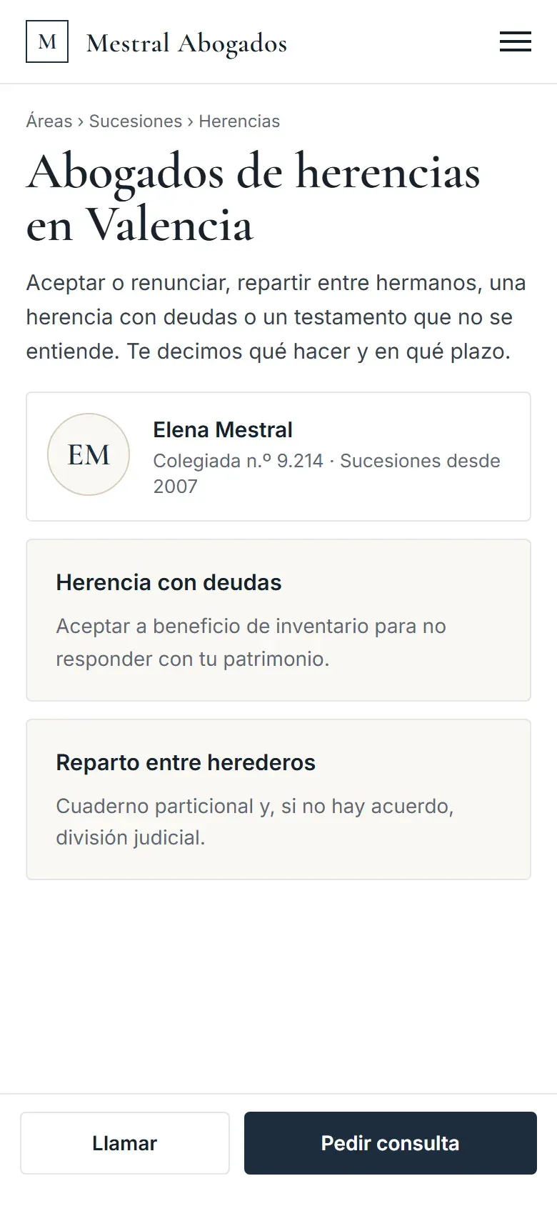 Página del área de herencias en el móvil con la abogada responsable y los botones de llamar y pedir consulta fijos abajo
