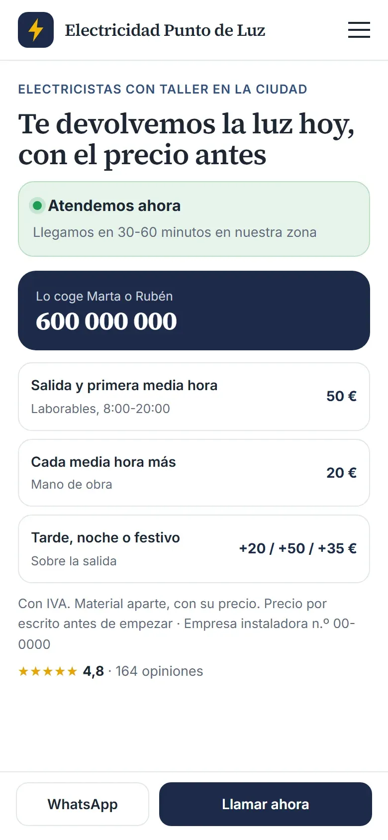 Portada de la empresa de electricidad en el móvil con si atienden ahora, el tiempo de llegada, el teléfono grande, la salida, la media hora y los recargos con su precio y los botones de WhatsApp y llamar fijos abajo