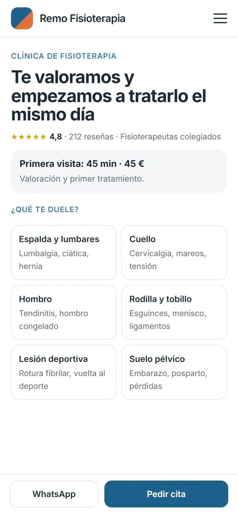 Portada en el móvil con las reseñas, la primera visita con su precio, «¿Qué te duele?» por zonas y los botones de WhatsApp y pedir cita fijos abajo